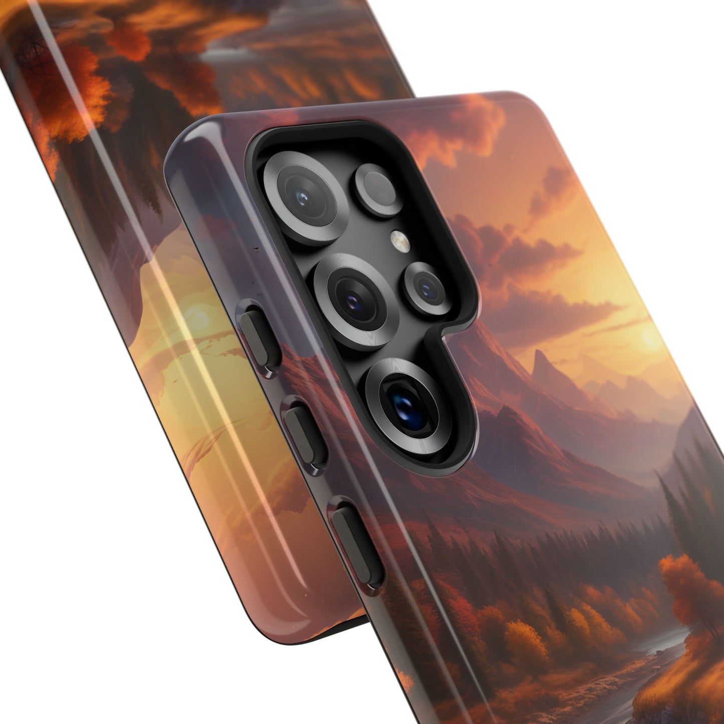 Carcasa para teléfono con diseño de atardecer otoñal en la montaña, regalo para amantes de la naturaleza, funda resistente para teléfono, accesorio para aventuras al aire libre, funda con arte paisajístico.