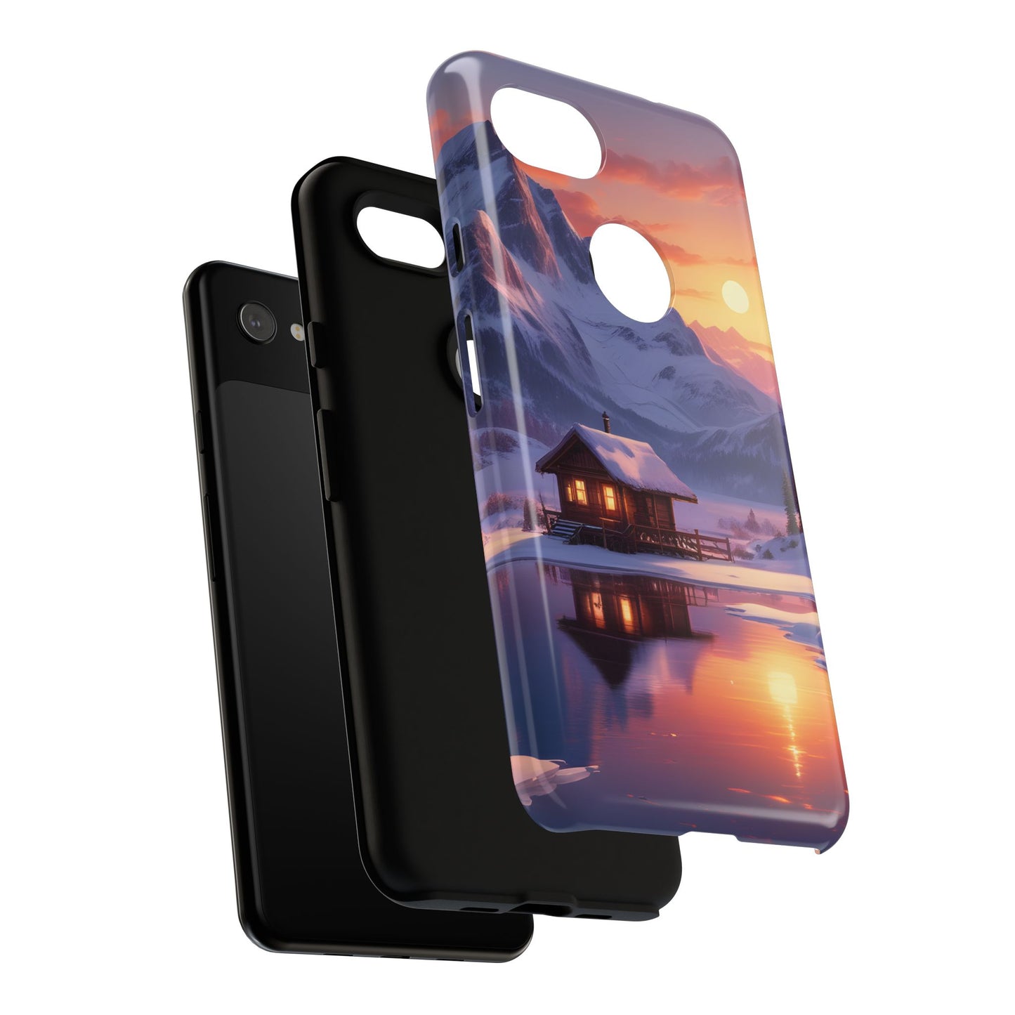 Carcasa para teléfono con diseño de cabaña en la montaña nevada, fundas resistentes para amantes de la naturaleza, cubierta de teléfono con paisaje pintoresco, regalo para excursionistas, accesorio para aventuras al aire libre.