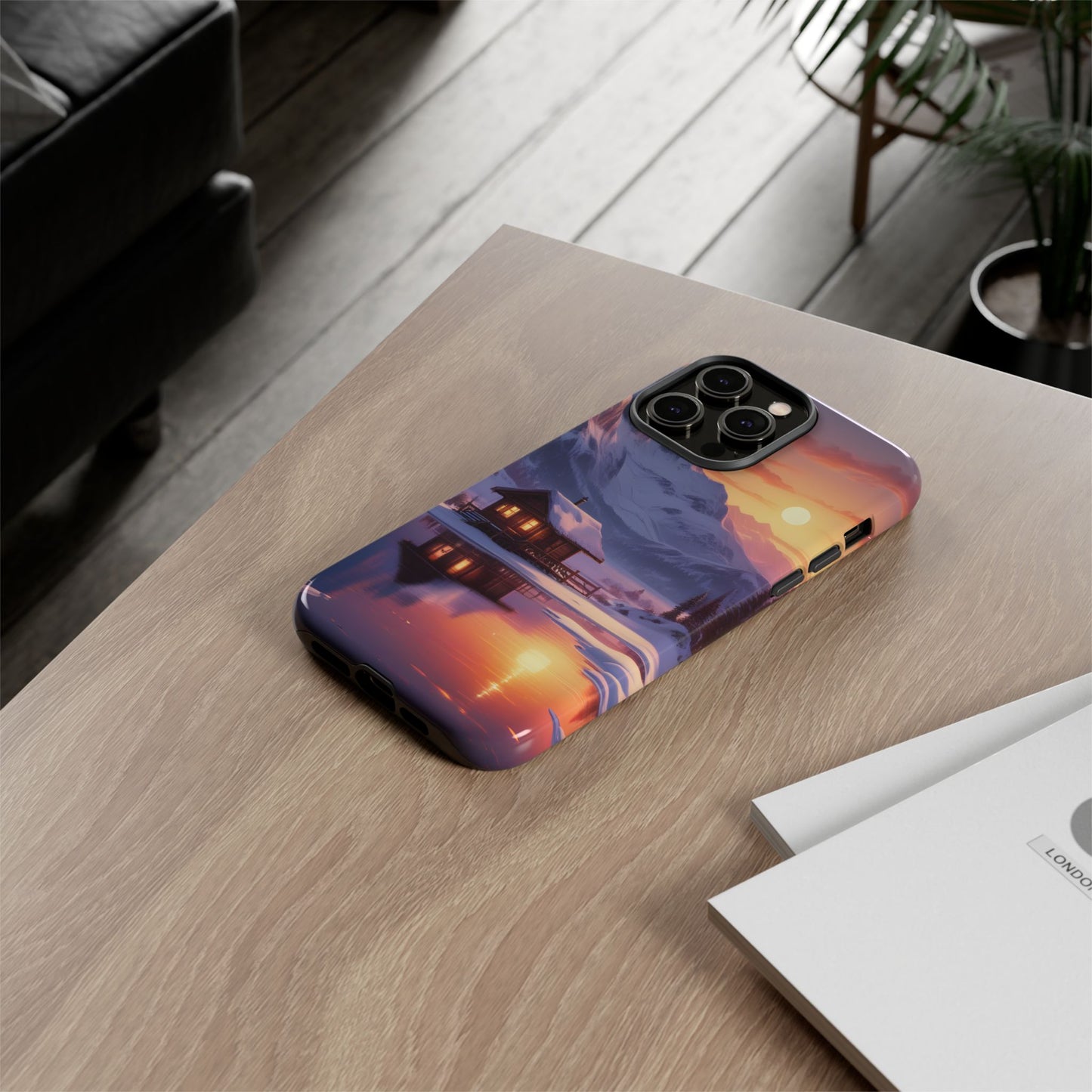 Carcasa para teléfono con diseño de cabaña en la montaña nevada, fundas resistentes para amantes de la naturaleza, cubierta de teléfono con paisaje pintoresco, regalo para excursionistas, accesorio para aventuras al aire libre.