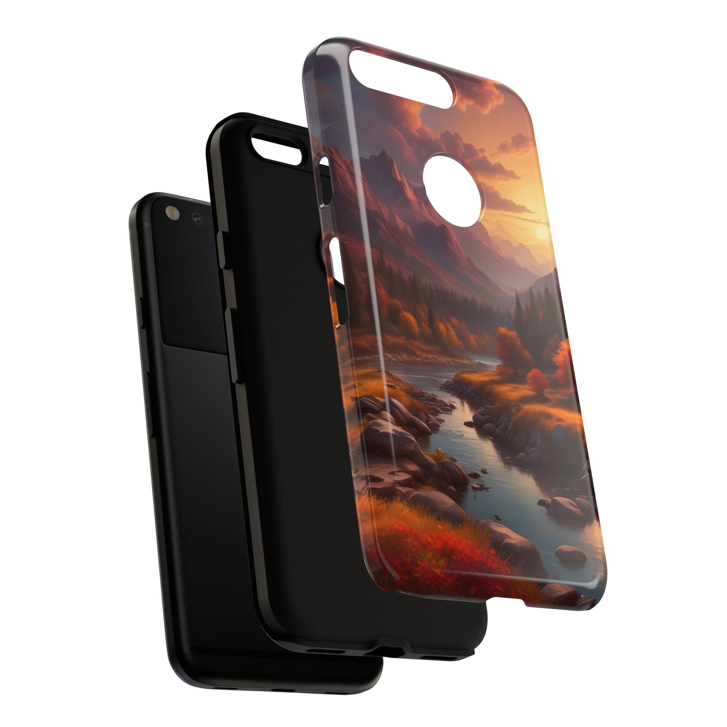 Carcasa para teléfono con diseño de atardecer otoñal en la montaña, regalo para amantes de la naturaleza, funda resistente para teléfono, accesorio para aventuras al aire libre, funda con arte paisajístico.