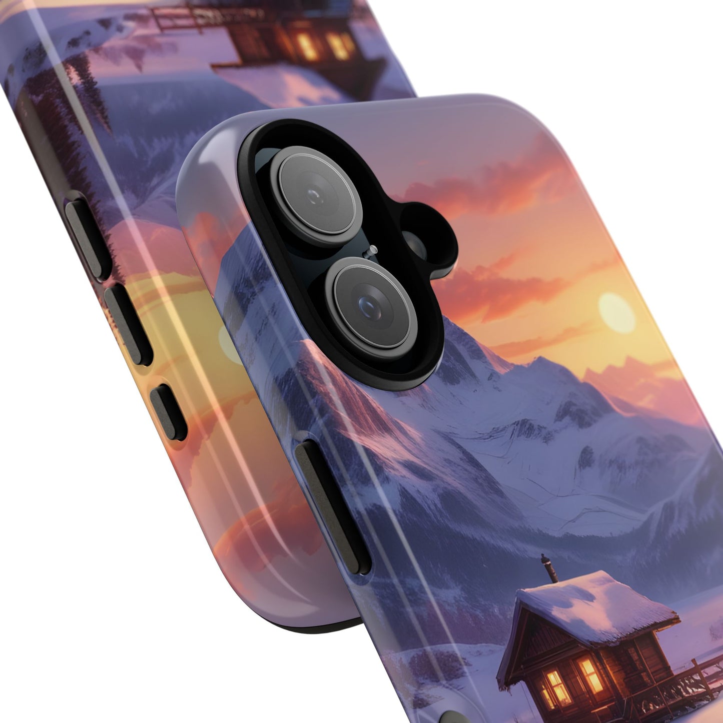 Carcasa para teléfono con diseño de cabaña en la montaña nevada, fundas resistentes para amantes de la naturaleza, cubierta de teléfono con paisaje pintoresco, regalo para excursionistas, accesorio para aventuras al aire libre.
