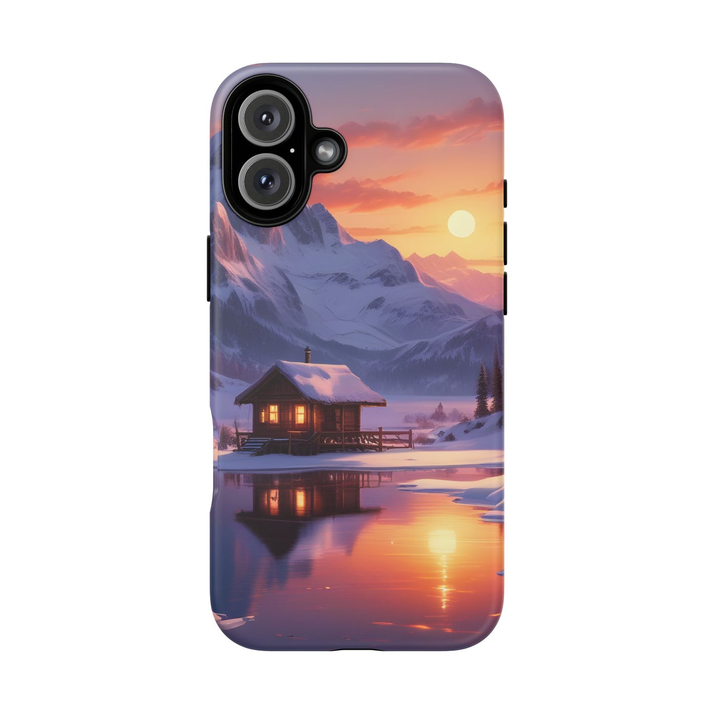 Carcasa para teléfono con diseño de cabaña en la montaña nevada, fundas resistentes para amantes de la naturaleza, cubierta de teléfono con paisaje pintoresco, regalo para excursionistas, accesorio para aventuras al aire libre.
