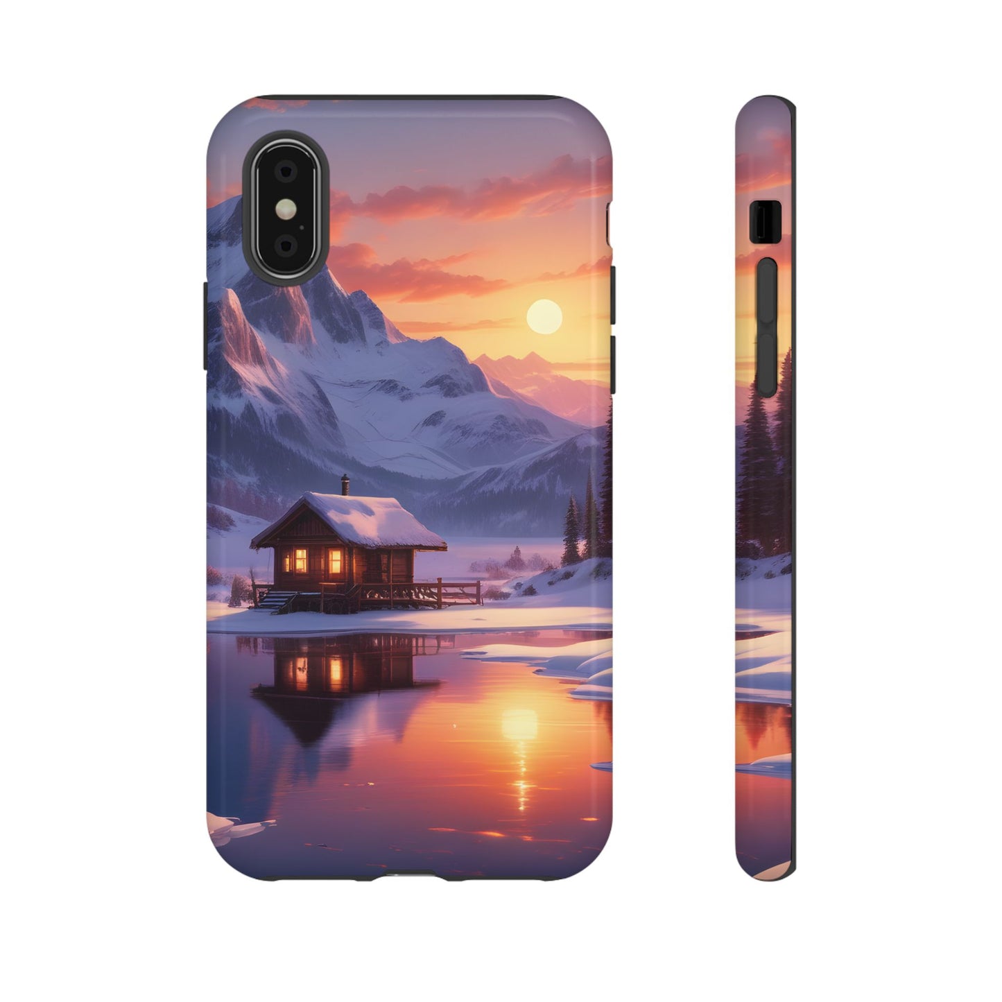 Carcasa para teléfono con diseño de cabaña en la montaña nevada, fundas resistentes para amantes de la naturaleza, cubierta de teléfono con paisaje pintoresco, regalo para excursionistas, accesorio para aventuras al aire libre.