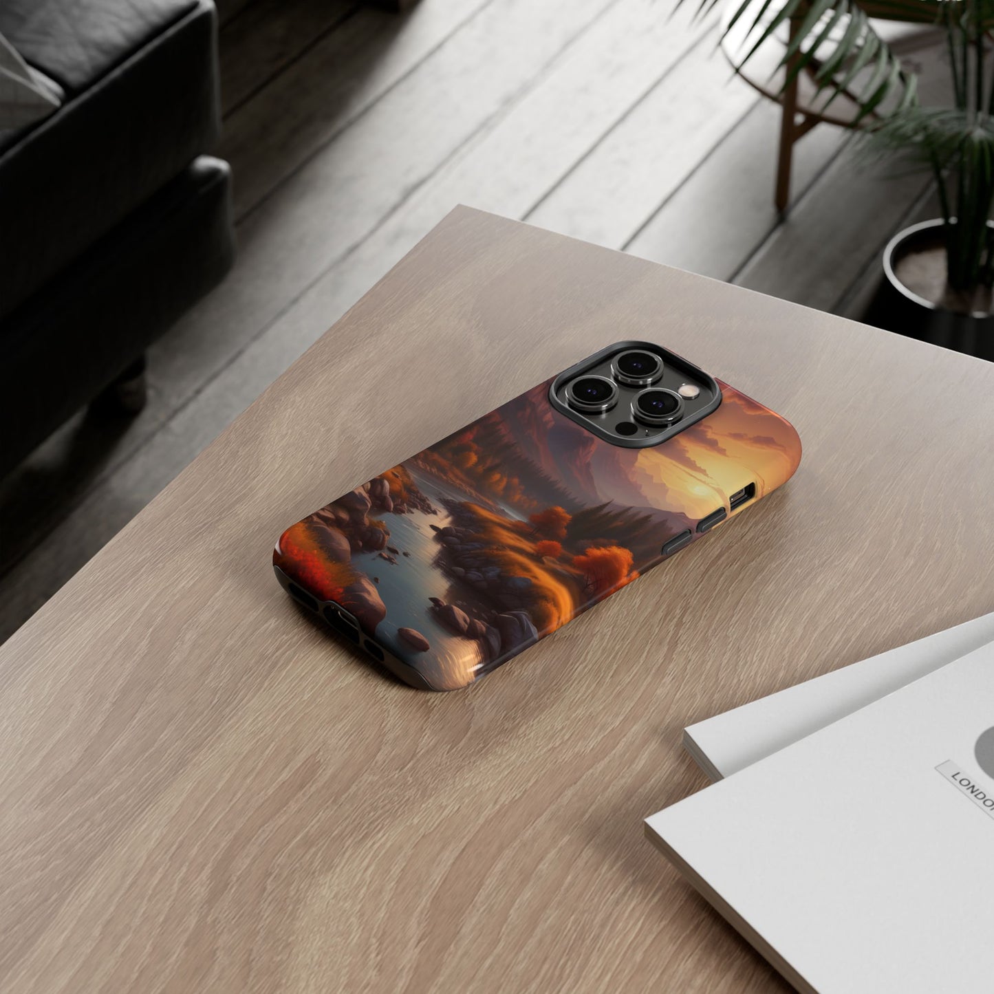 Carcasa para teléfono con diseño de atardecer otoñal en la montaña, regalo para amantes de la naturaleza, funda resistente para teléfono, accesorio para aventuras al aire libre, funda con arte paisajístico.
