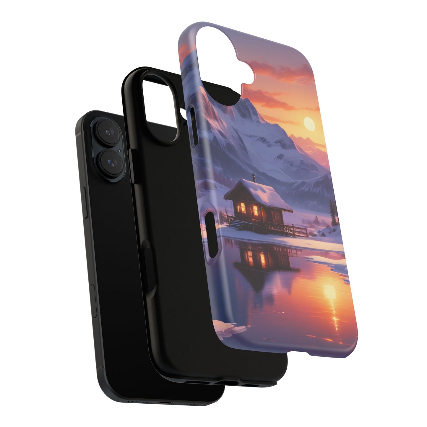 Carcasa para teléfono con diseño de cabaña en la montaña nevada, fundas resistentes para amantes de la naturaleza, cubierta de teléfono con paisaje pintoresco, regalo para excursionistas, accesorio para aventuras al aire libre.