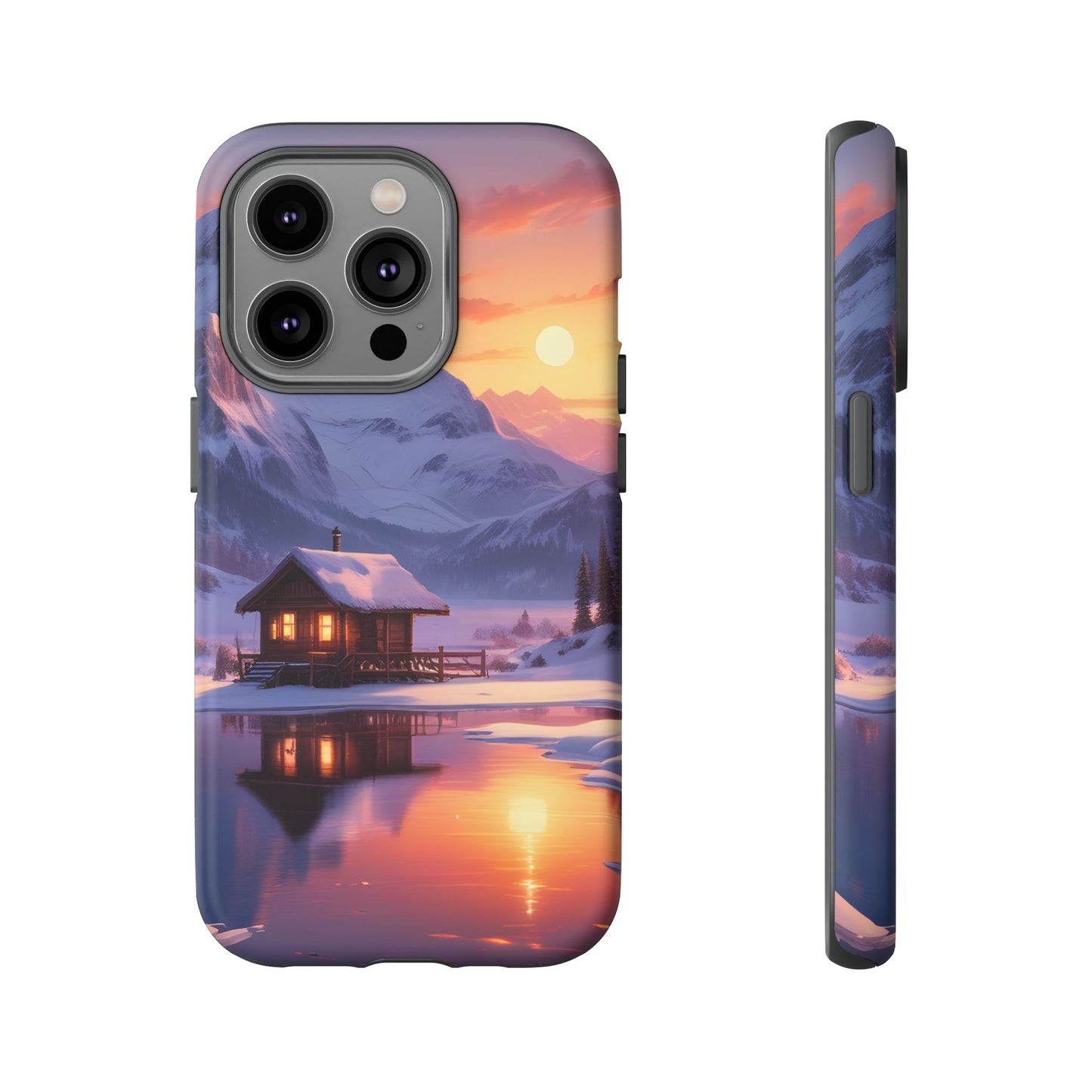 Carcasa para teléfono con diseño de cabaña en la montaña nevada, fundas resistentes para amantes de la naturaleza, cubierta de teléfono con paisaje pintoresco, regalo para excursionistas, accesorio para aventuras al aire libre.