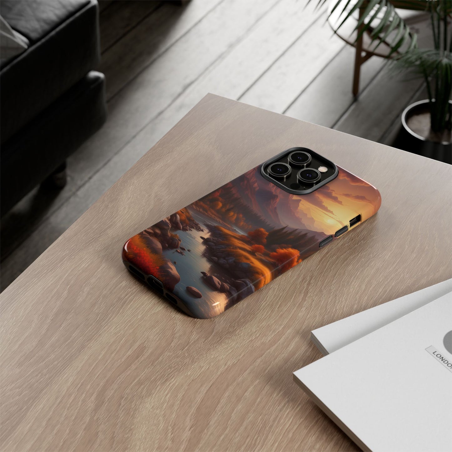 Carcasa para teléfono con diseño de atardecer otoñal en la montaña, regalo para amantes de la naturaleza, funda resistente para teléfono, accesorio para aventuras al aire libre, funda con arte paisajístico.