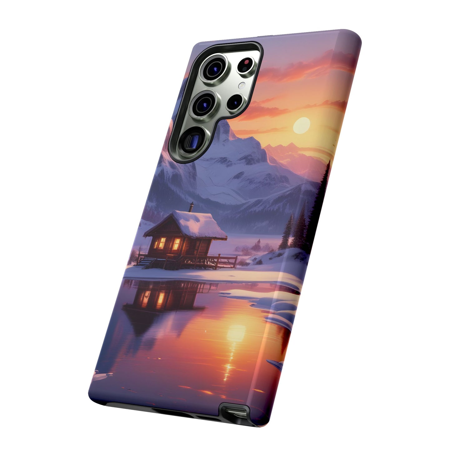 Carcasa para teléfono con diseño de cabaña en la montaña nevada, fundas resistentes para amantes de la naturaleza, cubierta de teléfono con paisaje pintoresco, regalo para excursionistas, accesorio para aventuras al aire libre.