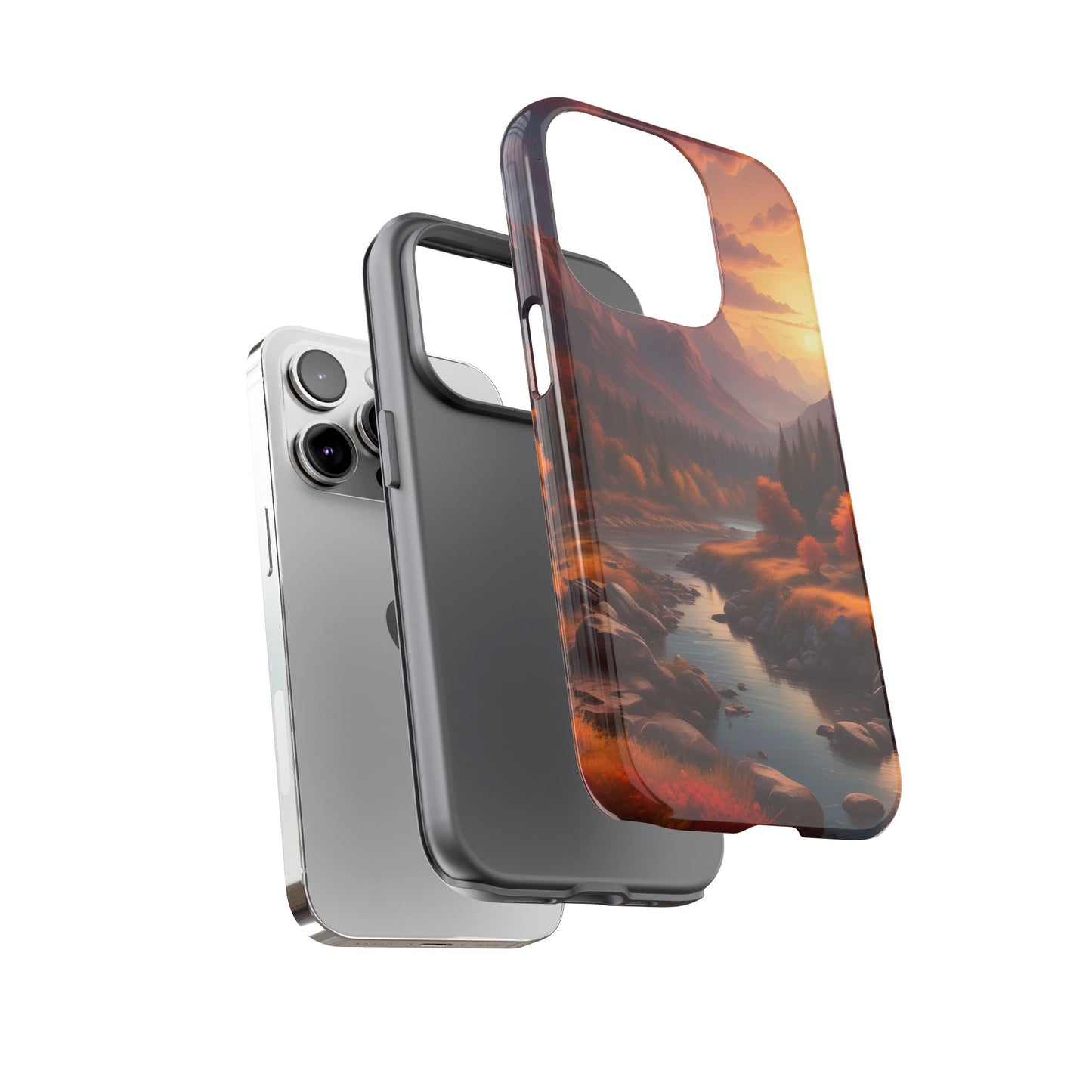 Carcasa para teléfono con diseño de atardecer otoñal en la montaña, regalo para amantes de la naturaleza, funda resistente para teléfono, accesorio para aventuras al aire libre, funda con arte paisajístico.