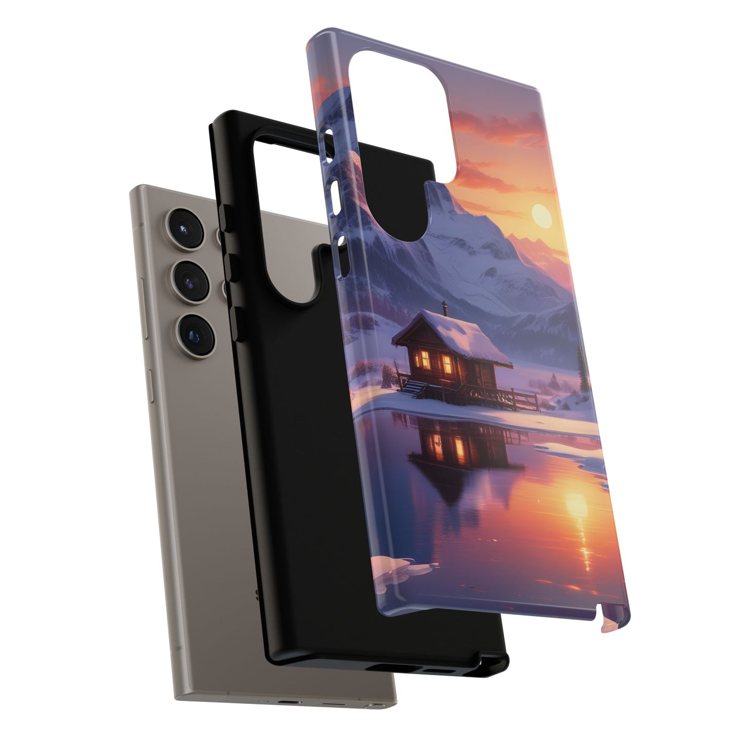 Carcasa para teléfono con diseño de cabaña en la montaña nevada, fundas resistentes para amantes de la naturaleza, cubierta de teléfono con paisaje pintoresco, regalo para excursionistas, accesorio para aventuras al aire libre.