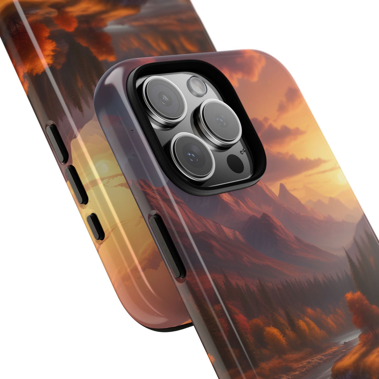 Carcasa para teléfono con diseño de atardecer otoñal en la montaña, regalo para amantes de la naturaleza, funda resistente para teléfono, accesorio para aventuras al aire libre, funda con arte paisajístico.