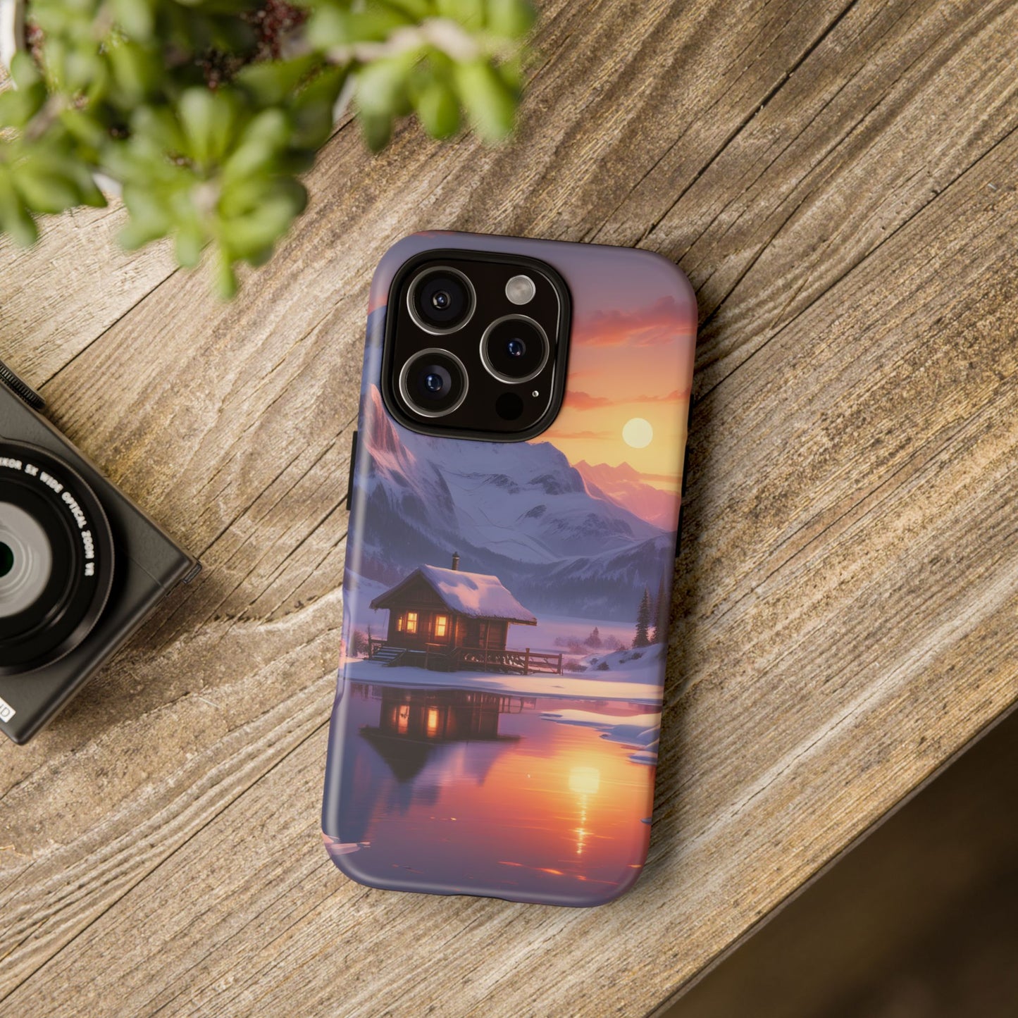 Carcasa para teléfono con diseño de cabaña en la montaña nevada, fundas resistentes para amantes de la naturaleza, cubierta de teléfono con paisaje pintoresco, regalo para excursionistas, accesorio para aventuras al aire libre.