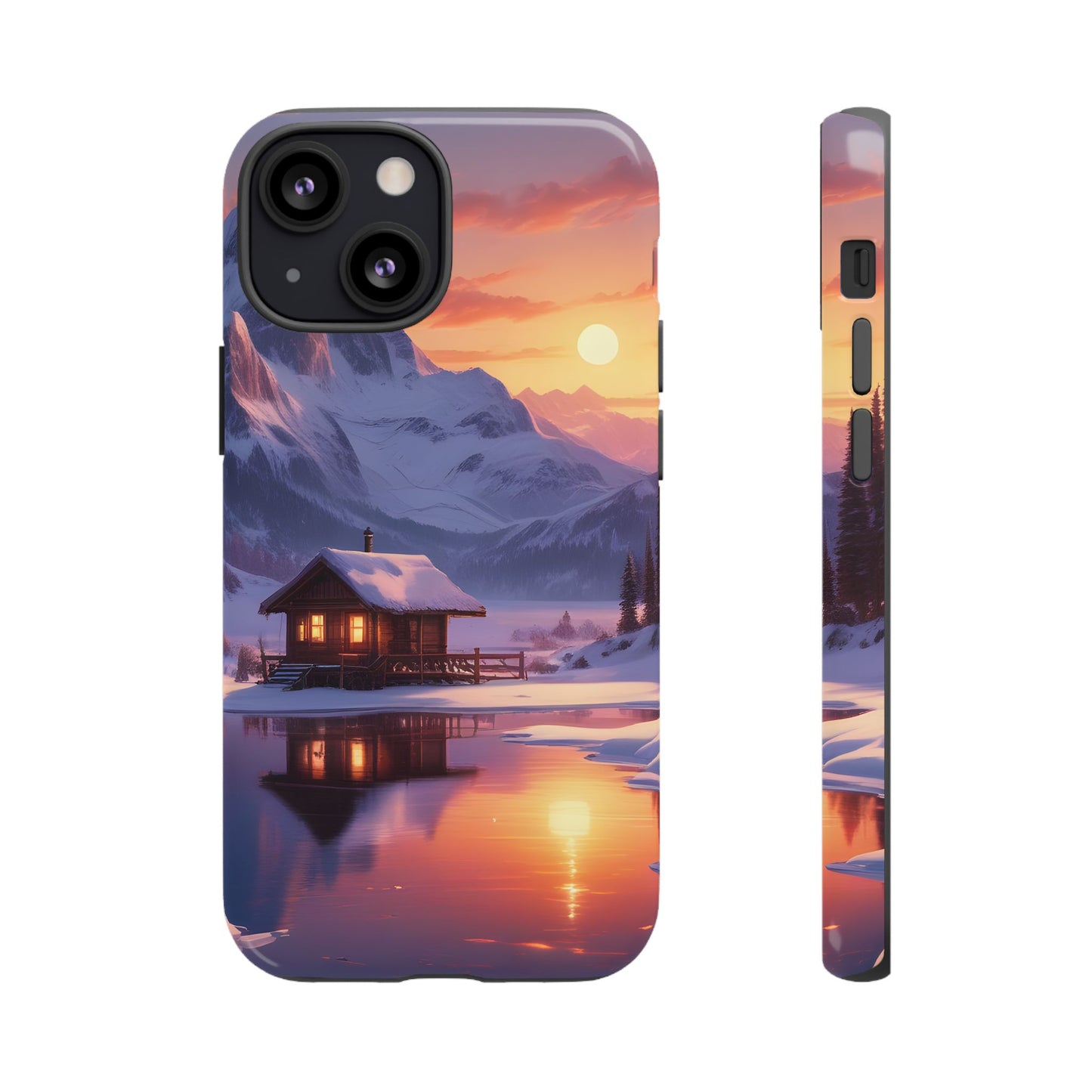 Carcasa para teléfono con diseño de cabaña en la montaña nevada, fundas resistentes para amantes de la naturaleza, cubierta de teléfono con paisaje pintoresco, regalo para excursionistas, accesorio para aventuras al aire libre.