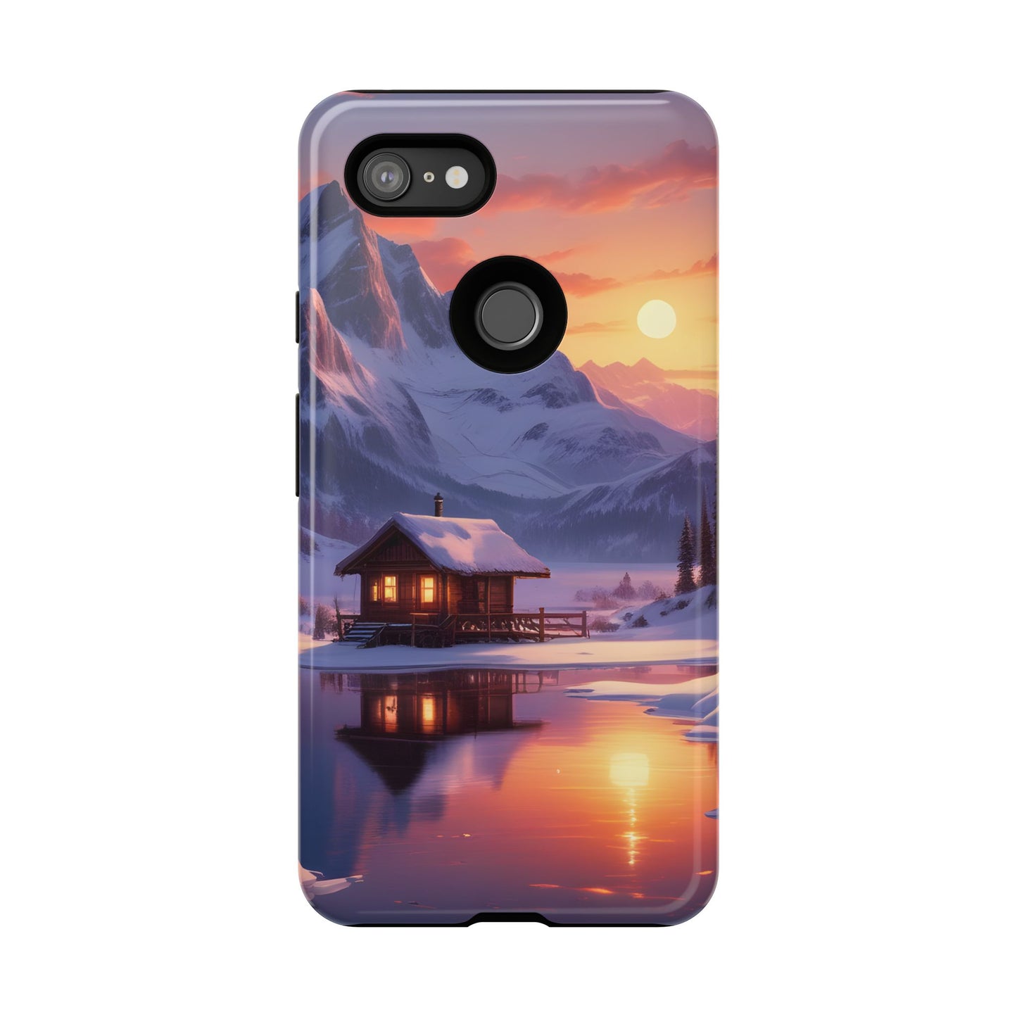 Carcasa para teléfono con diseño de cabaña en la montaña nevada, fundas resistentes para amantes de la naturaleza, cubierta de teléfono con paisaje pintoresco, regalo para excursionistas, accesorio para aventuras al aire libre.