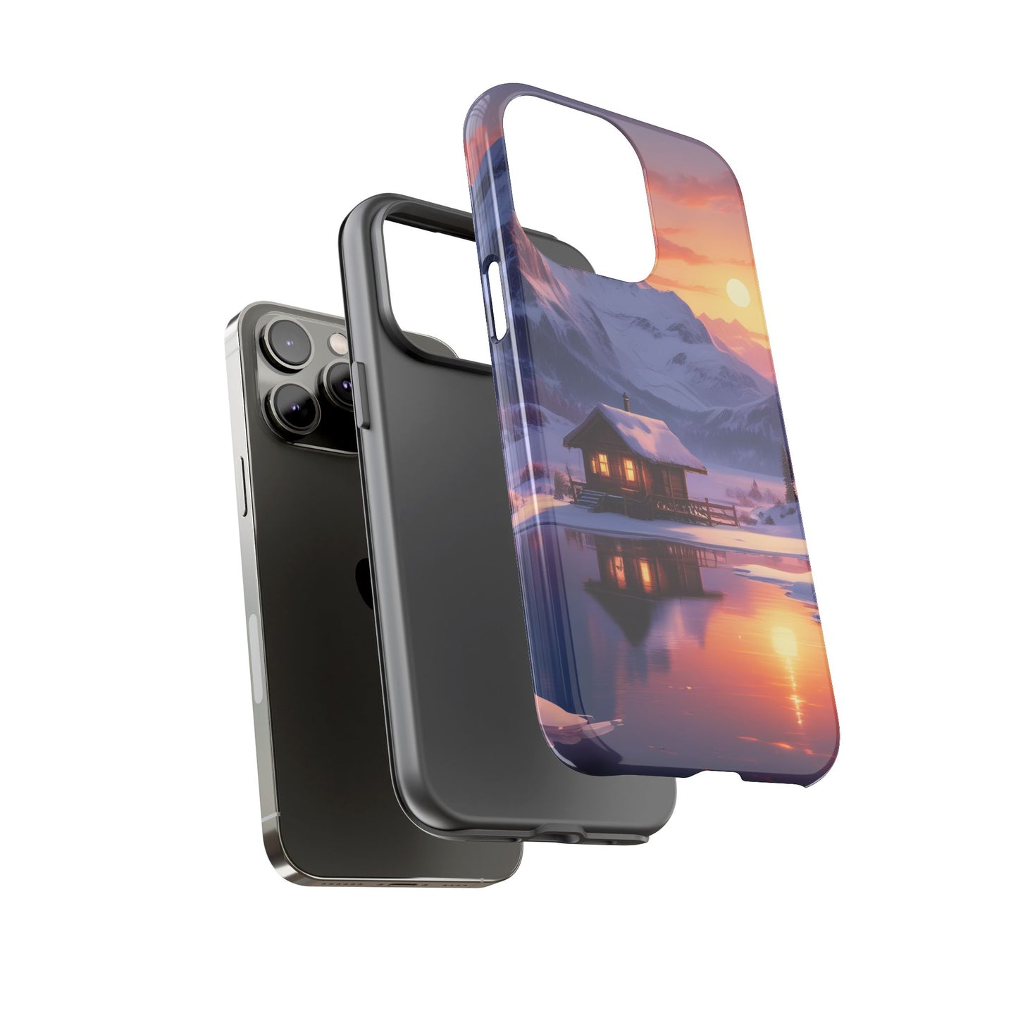 Carcasa para teléfono con diseño de cabaña en la montaña nevada, fundas resistentes para amantes de la naturaleza, cubierta de teléfono con paisaje pintoresco, regalo para excursionistas, accesorio para aventuras al aire libre.