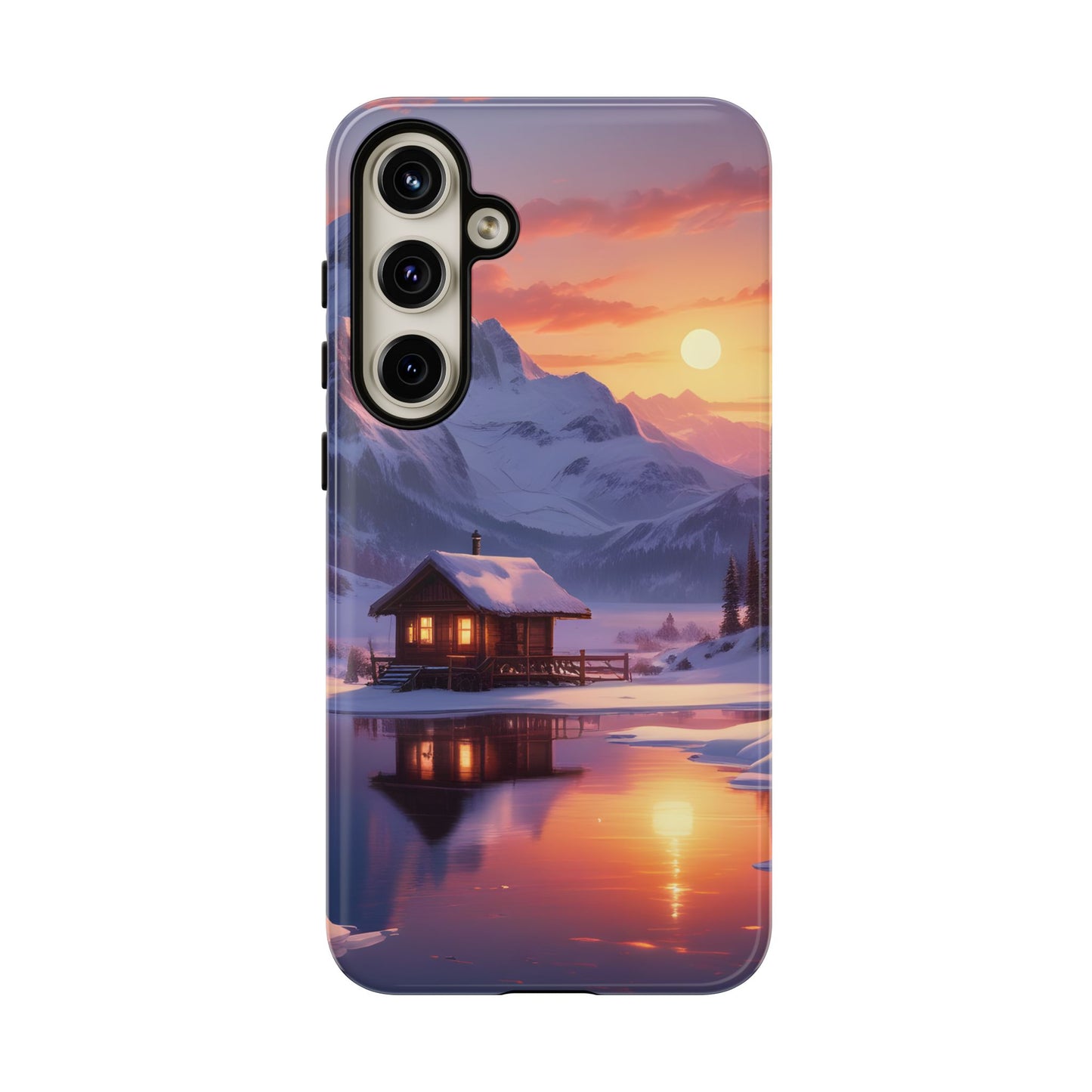 Carcasa para teléfono con diseño de cabaña en la montaña nevada, fundas resistentes para amantes de la naturaleza, cubierta de teléfono con paisaje pintoresco, regalo para excursionistas, accesorio para aventuras al aire libre.