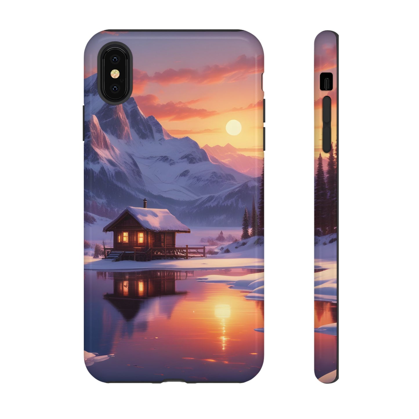Carcasa para teléfono con diseño de cabaña en la montaña nevada, fundas resistentes para amantes de la naturaleza, cubierta de teléfono con paisaje pintoresco, regalo para excursionistas, accesorio para aventuras al aire libre.