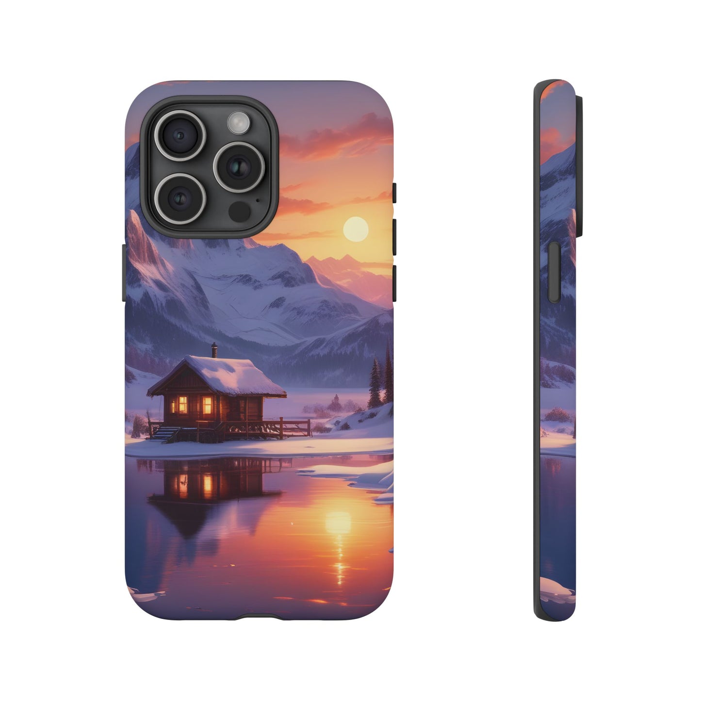 Carcasa para teléfono con diseño de cabaña en la montaña nevada, fundas resistentes para amantes de la naturaleza, cubierta de teléfono con paisaje pintoresco, regalo para excursionistas, accesorio para aventuras al aire libre.