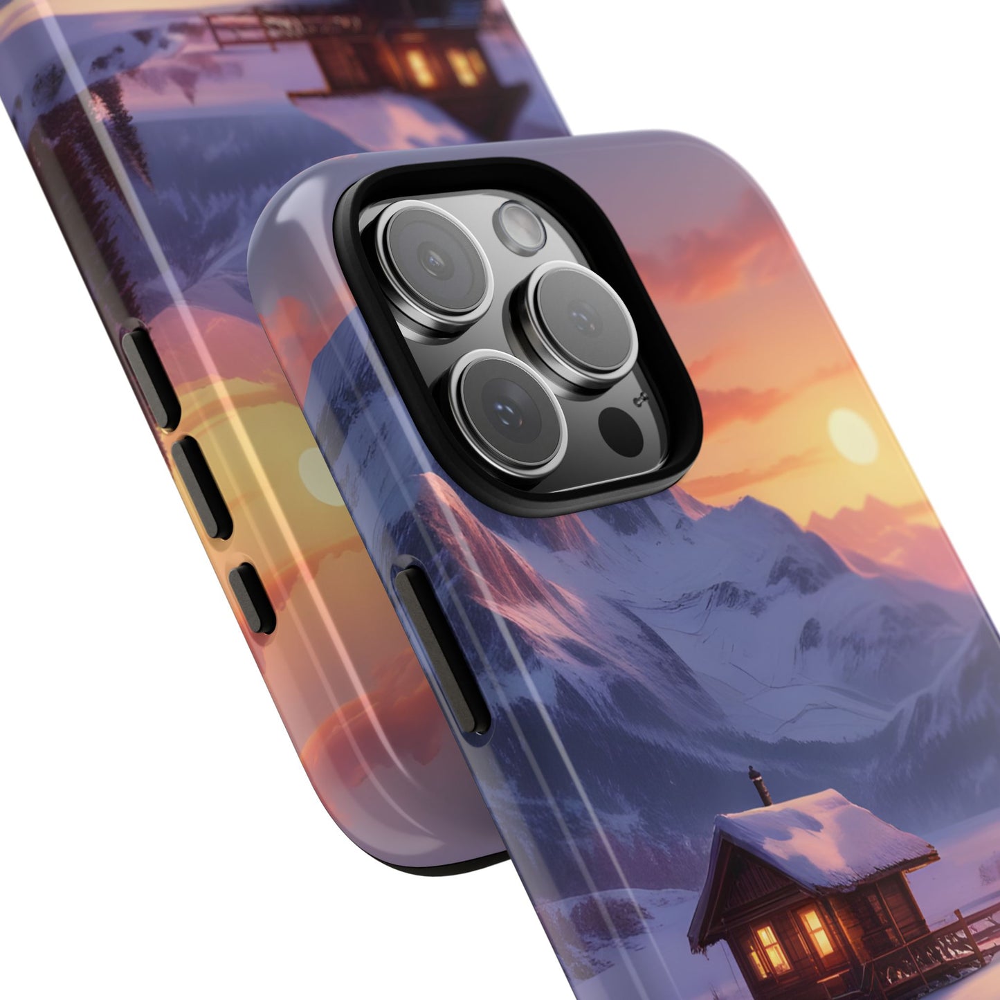 Carcasa para teléfono con diseño de cabaña en la montaña nevada, fundas resistentes para amantes de la naturaleza, cubierta de teléfono con paisaje pintoresco, regalo para excursionistas, accesorio para aventuras al aire libre.