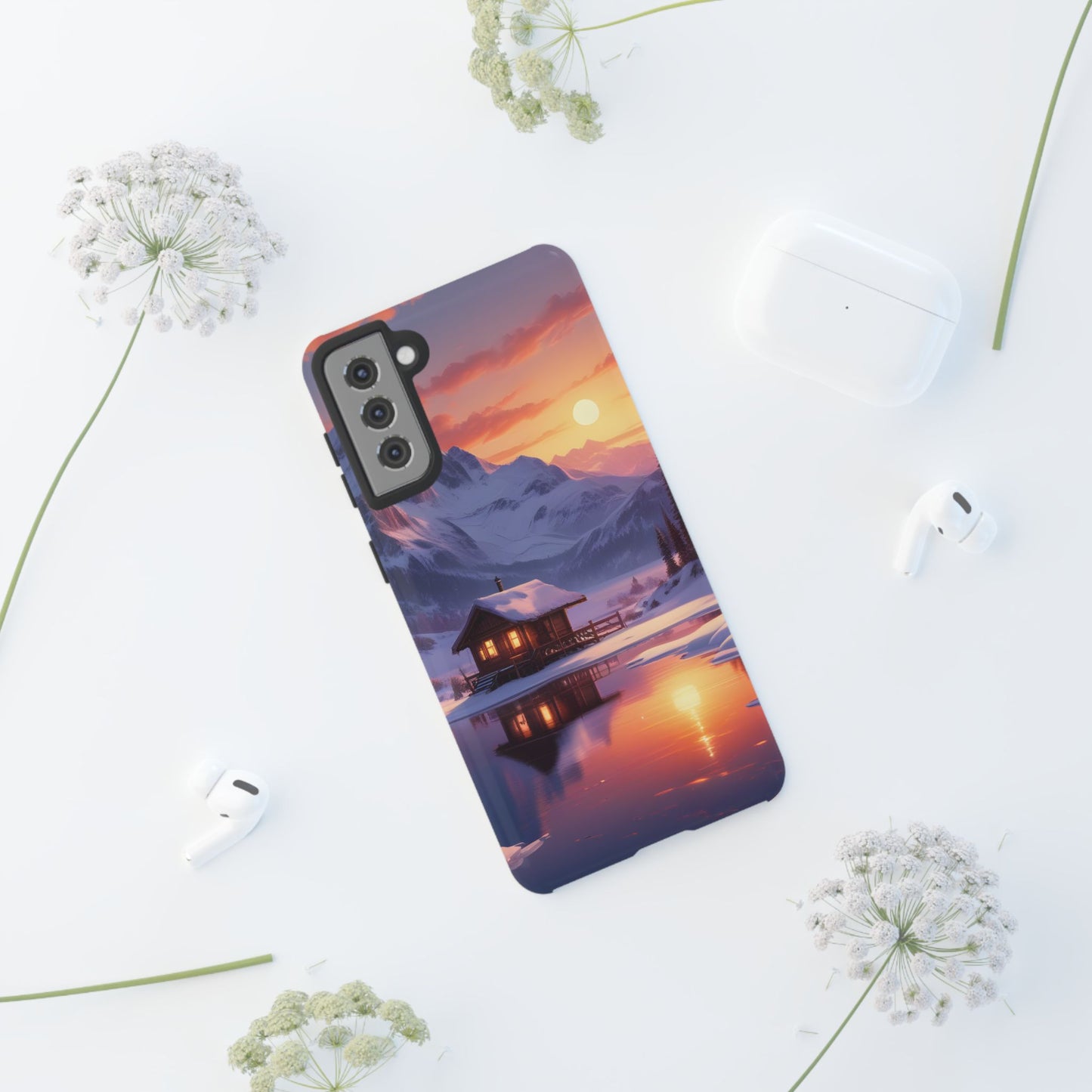 Carcasa para teléfono con diseño de cabaña en la montaña nevada, fundas resistentes para amantes de la naturaleza, cubierta de teléfono con paisaje pintoresco, regalo para excursionistas, accesorio para aventuras al aire libre.