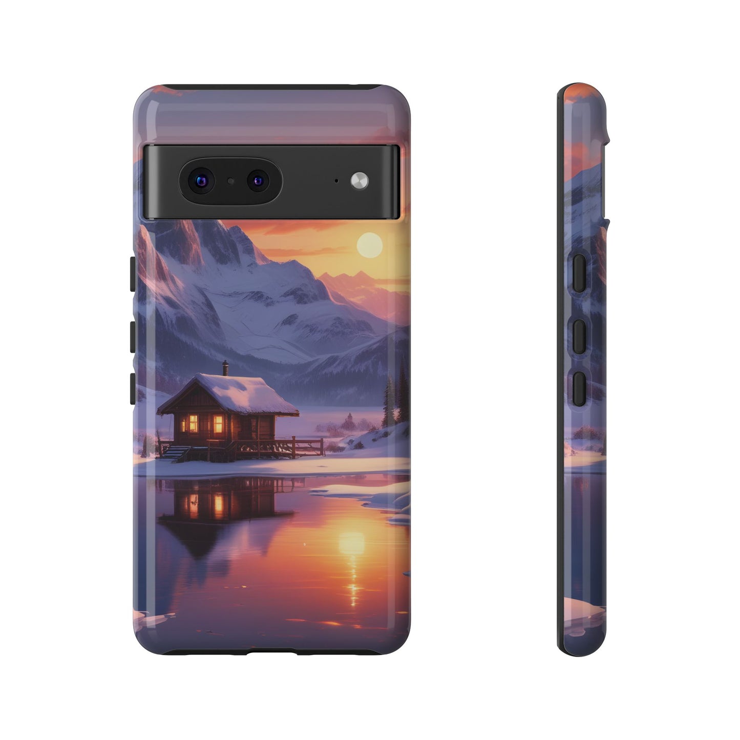 Carcasa para teléfono con diseño de cabaña en la montaña nevada, fundas resistentes para amantes de la naturaleza, cubierta de teléfono con paisaje pintoresco, regalo para excursionistas, accesorio para aventuras al aire libre.