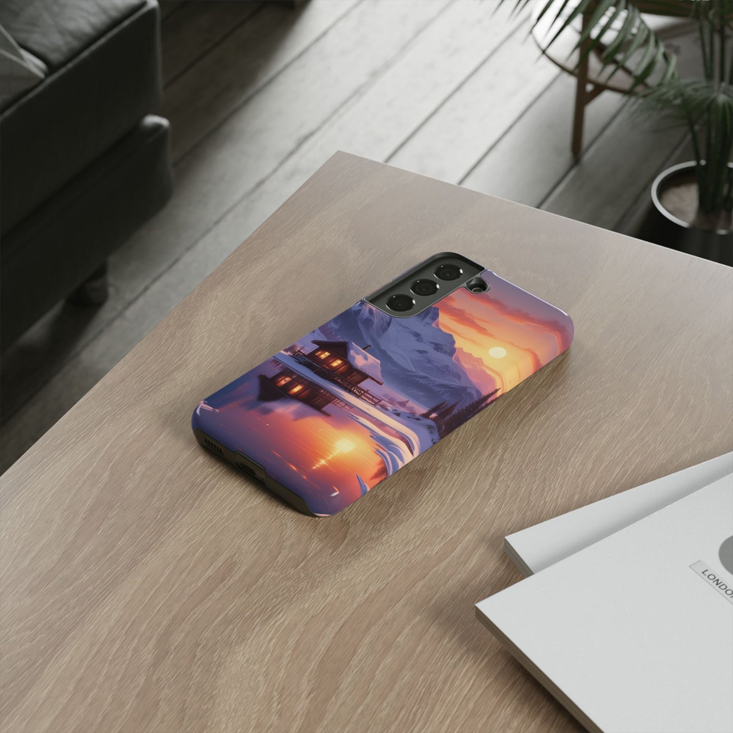 Carcasa para teléfono con diseño de cabaña en la montaña nevada, fundas resistentes para amantes de la naturaleza, cubierta de teléfono con paisaje pintoresco, regalo para excursionistas, accesorio para aventuras al aire libre.