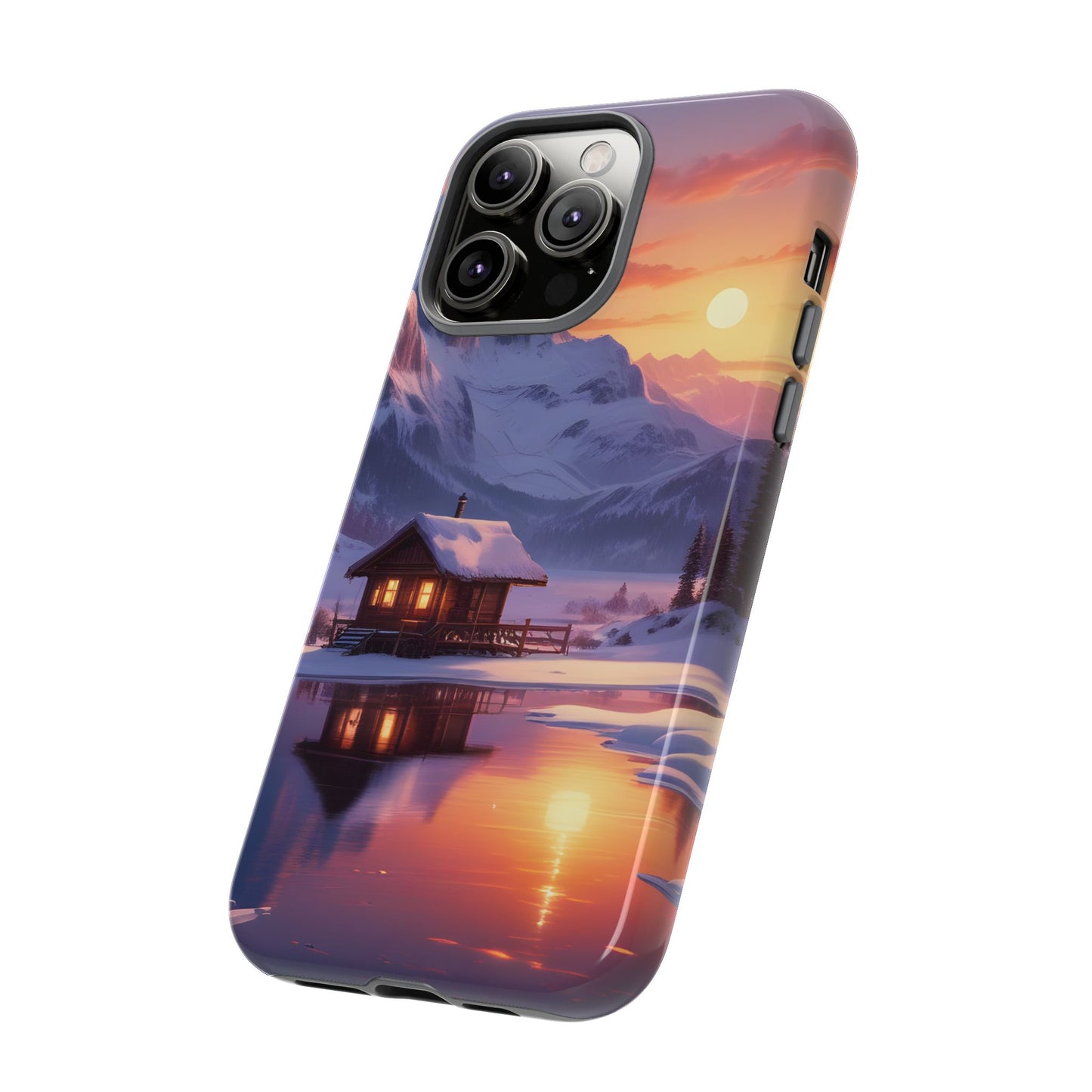 Carcasa para teléfono con diseño de cabaña en la montaña nevada, fundas resistentes para amantes de la naturaleza, cubierta de teléfono con paisaje pintoresco, regalo para excursionistas, accesorio para aventuras al aire libre.