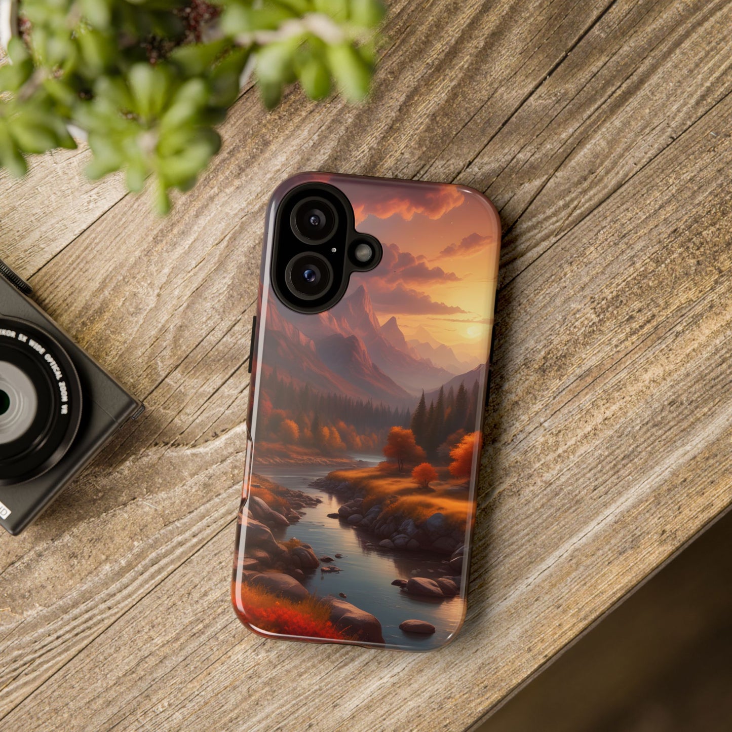 Carcasa para teléfono con diseño de atardecer otoñal en la montaña, regalo para amantes de la naturaleza, funda resistente para teléfono, accesorio para aventuras al aire libre, funda con arte paisajístico.