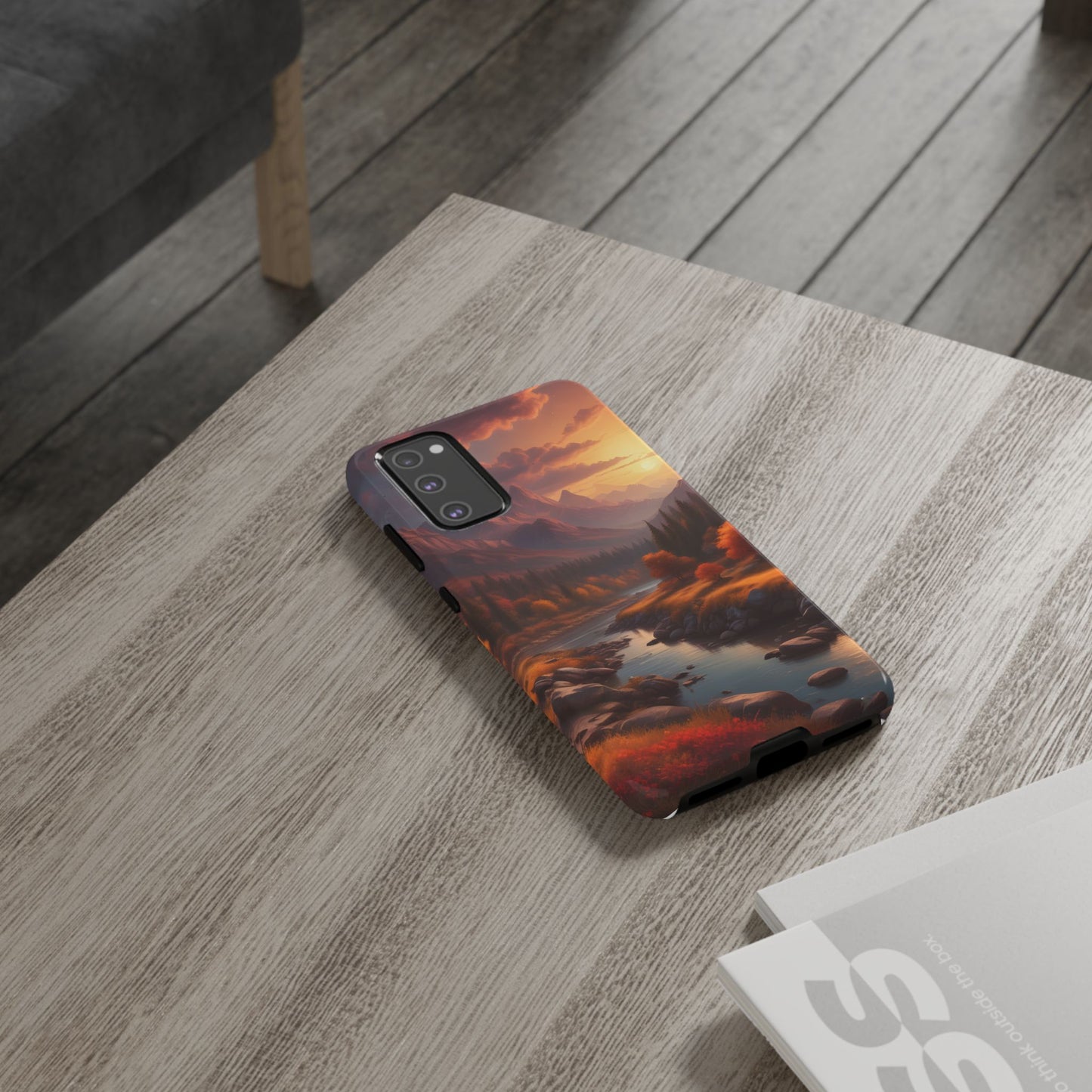 Carcasa para teléfono con diseño de atardecer otoñal en la montaña, regalo para amantes de la naturaleza, funda resistente para teléfono, accesorio para aventuras al aire libre, funda con arte paisajístico.