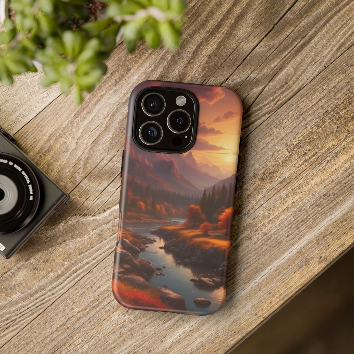 Carcasa para teléfono con diseño de atardecer otoñal en la montaña, regalo para amantes de la naturaleza, funda resistente para teléfono, accesorio para aventuras al aire libre, funda con arte paisajístico.