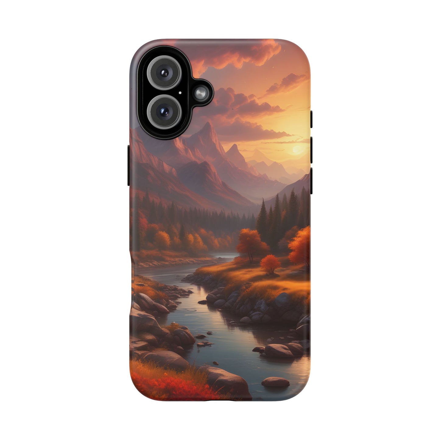 Carcasa para teléfono con diseño de atardecer otoñal en la montaña, regalo para amantes de la naturaleza, funda resistente para teléfono, accesorio para aventuras al aire libre, funda con arte paisajístico.