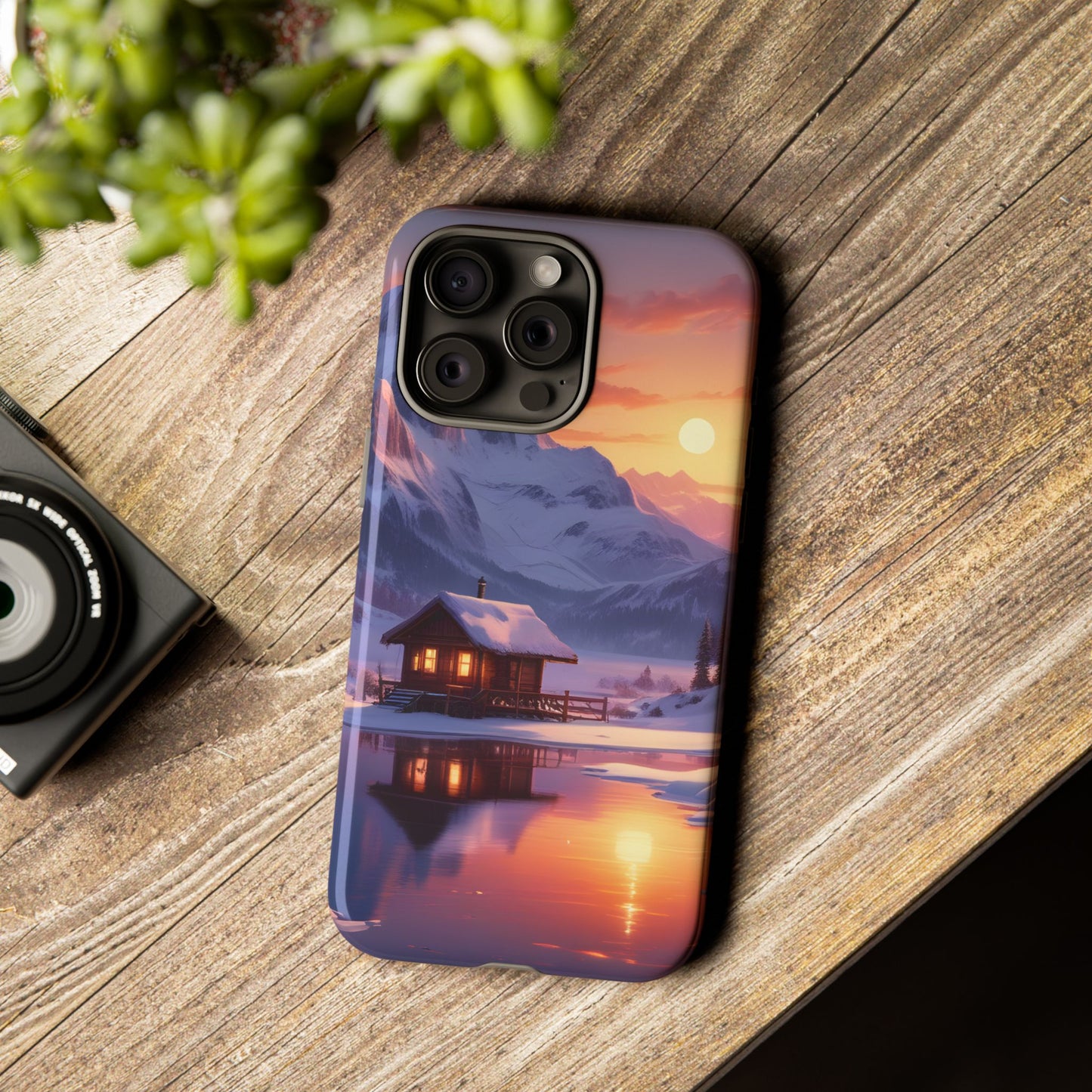 Carcasa para teléfono con diseño de cabaña en la montaña nevada, fundas resistentes para amantes de la naturaleza, cubierta de teléfono con paisaje pintoresco, regalo para excursionistas, accesorio para aventuras al aire libre.
