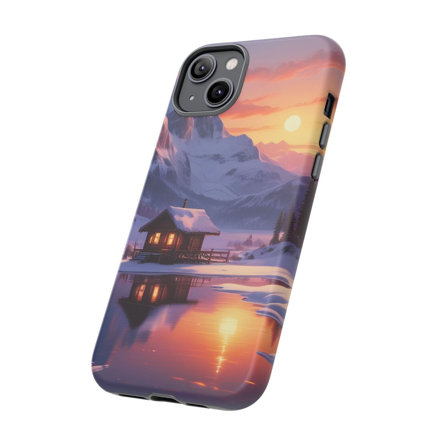 Carcasa para teléfono con diseño de cabaña en la montaña nevada, fundas resistentes para amantes de la naturaleza, cubierta de teléfono con paisaje pintoresco, regalo para excursionistas, accesorio para aventuras al aire libre.