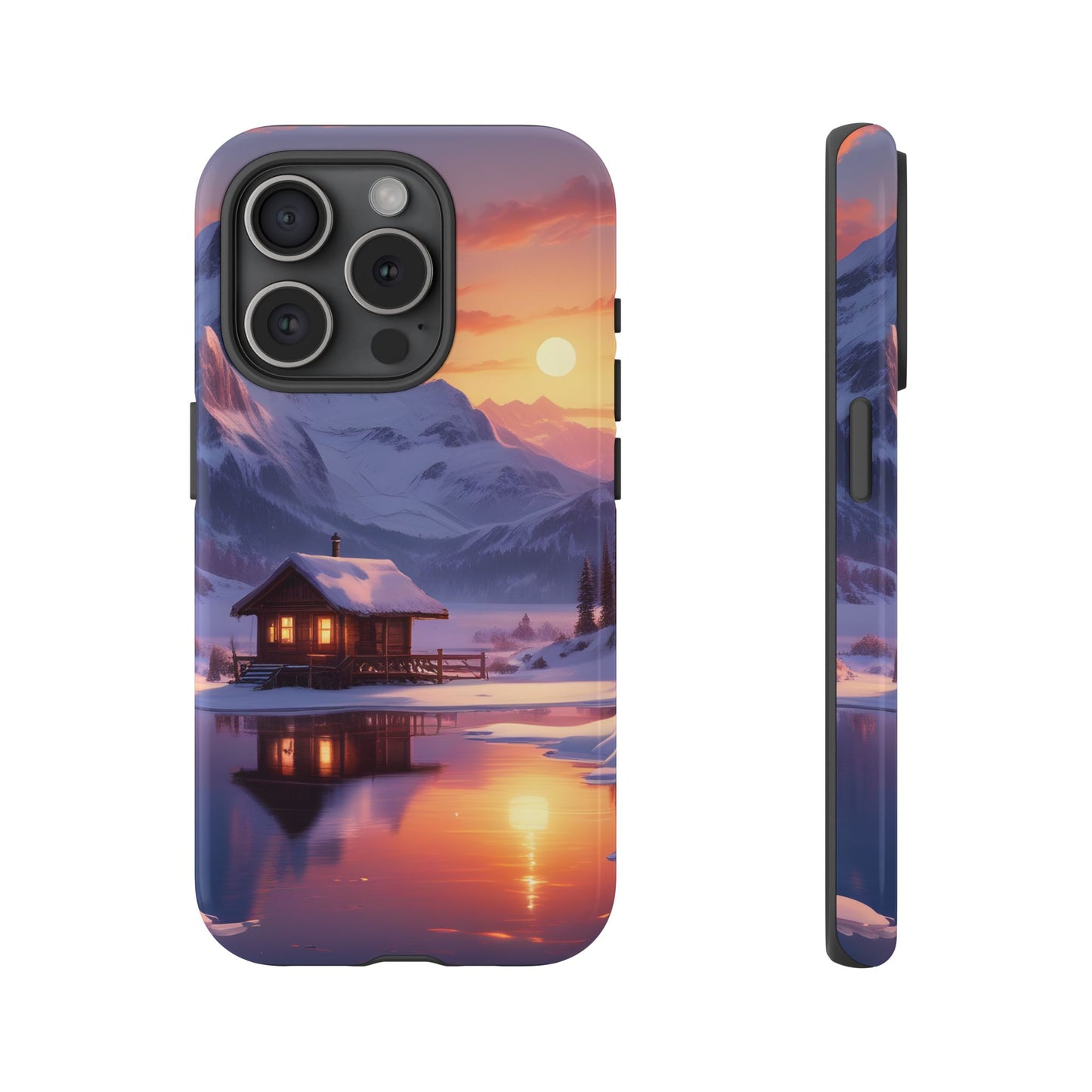 Carcasa para teléfono con diseño de cabaña en la montaña nevada, fundas resistentes para amantes de la naturaleza, cubierta de teléfono con paisaje pintoresco, regalo para excursionistas, accesorio para aventuras al aire libre.