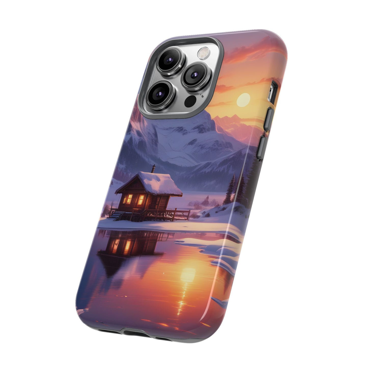 Carcasa para teléfono con diseño de cabaña en la montaña nevada, fundas resistentes para amantes de la naturaleza, cubierta de teléfono con paisaje pintoresco, regalo para excursionistas, accesorio para aventuras al aire libre.