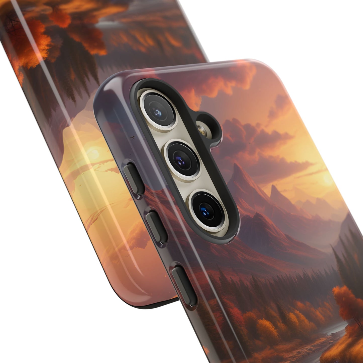 Carcasa para teléfono con diseño de atardecer otoñal en la montaña, regalo para amantes de la naturaleza, funda resistente para teléfono, accesorio para aventuras al aire libre, funda con arte paisajístico.