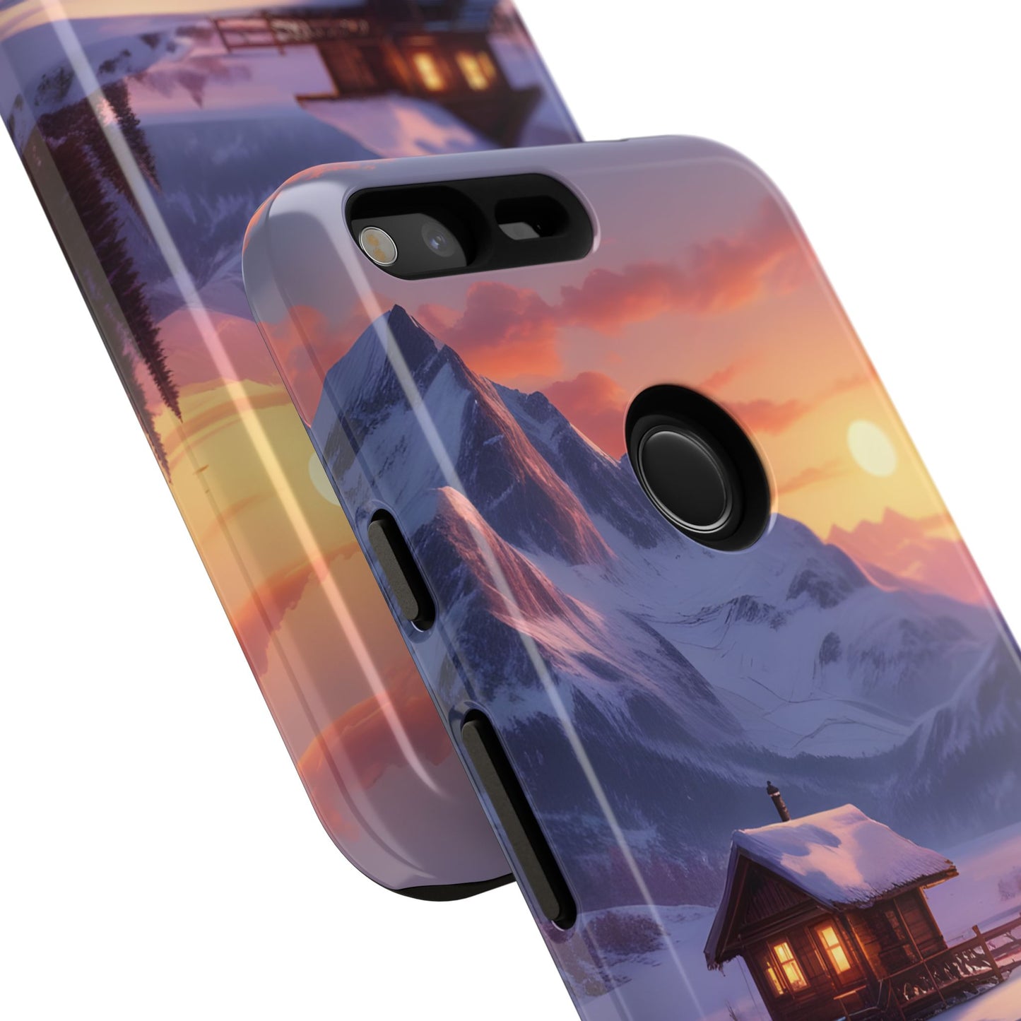 Carcasa para teléfono con diseño de cabaña en la montaña nevada, fundas resistentes para amantes de la naturaleza, cubierta de teléfono con paisaje pintoresco, regalo para excursionistas, accesorio para aventuras al aire libre.