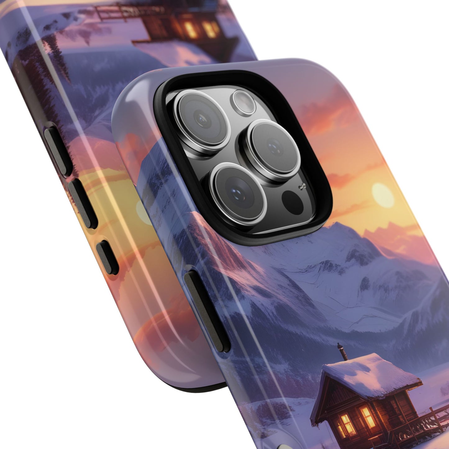 Carcasa para teléfono con diseño de cabaña en la montaña nevada, fundas resistentes para amantes de la naturaleza, cubierta de teléfono con paisaje pintoresco, regalo para excursionistas, accesorio para aventuras al aire libre.