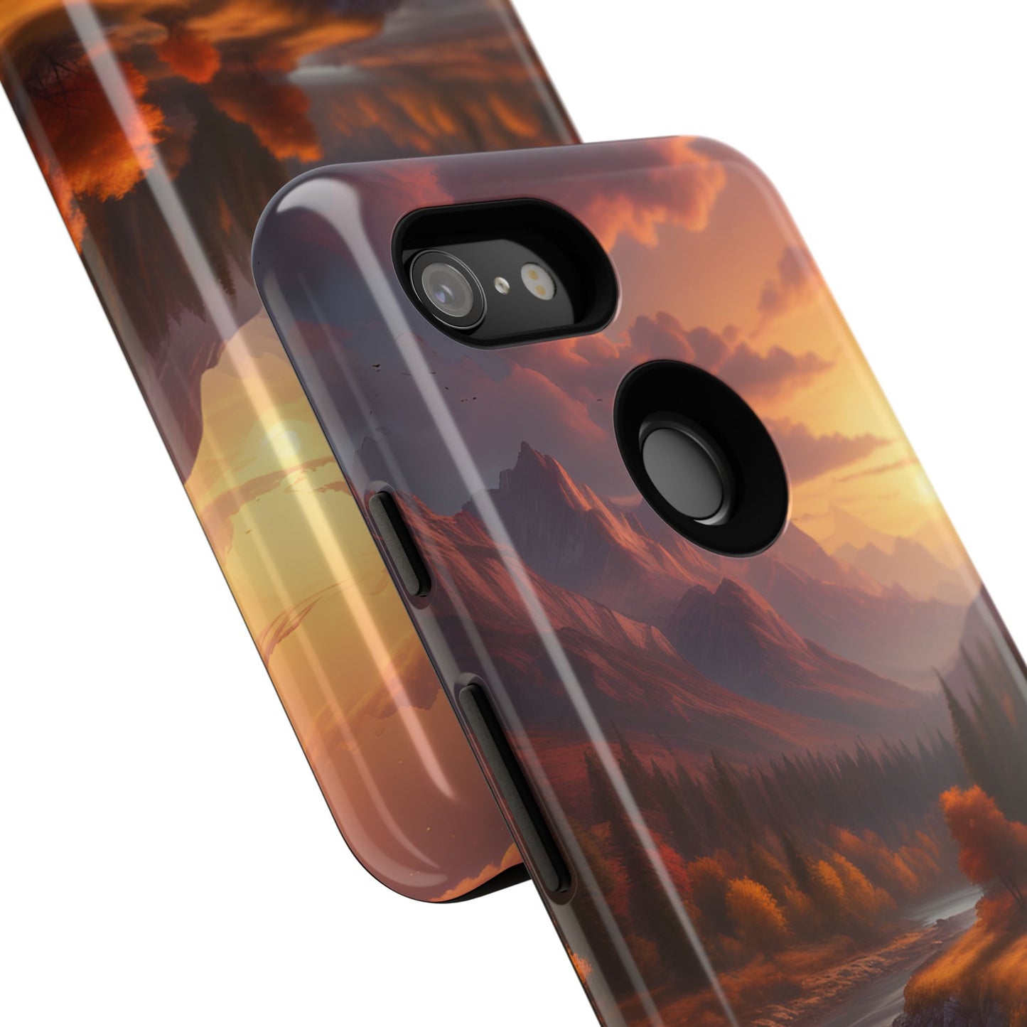 Carcasa para teléfono con diseño de atardecer otoñal en la montaña, regalo para amantes de la naturaleza, funda resistente para teléfono, accesorio para aventuras al aire libre, funda con arte paisajístico.