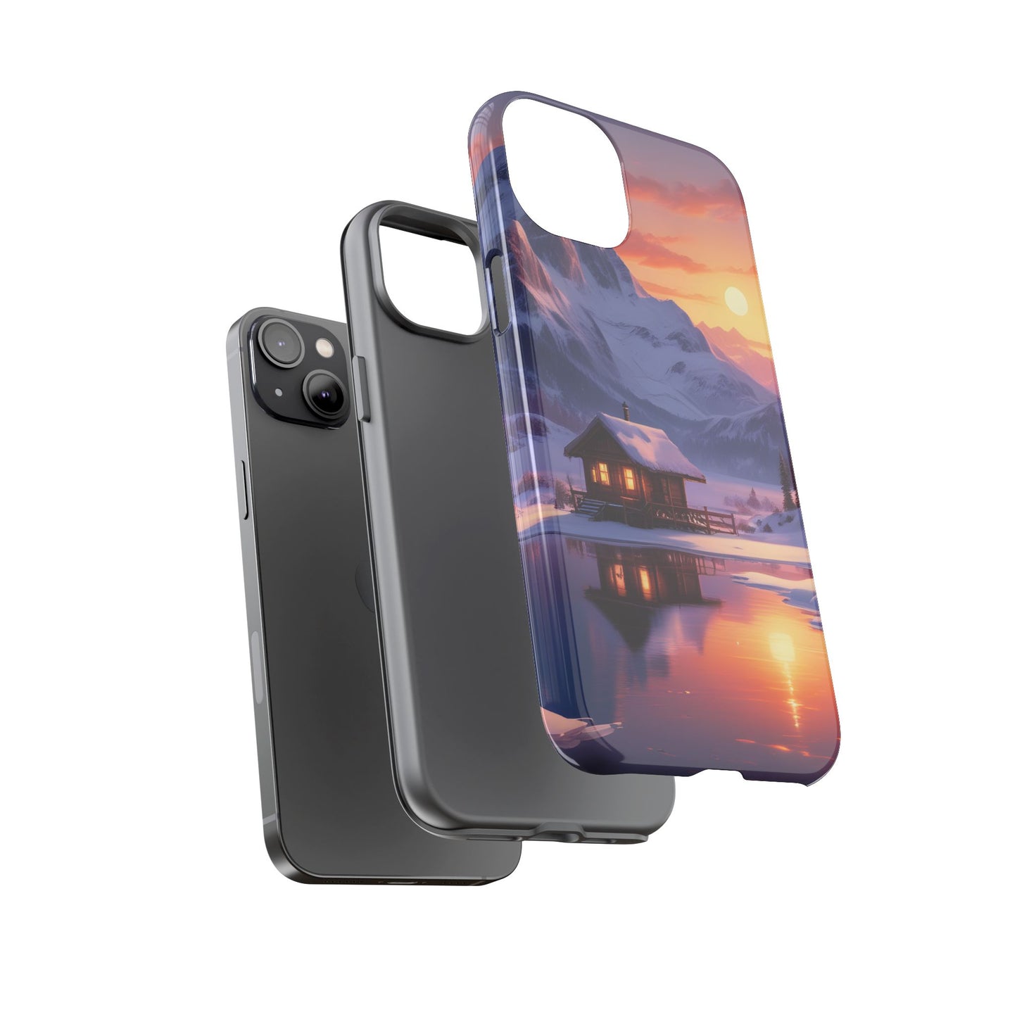 Carcasa para teléfono con diseño de cabaña en la montaña nevada, fundas resistentes para amantes de la naturaleza, cubierta de teléfono con paisaje pintoresco, regalo para excursionistas, accesorio para aventuras al aire libre.