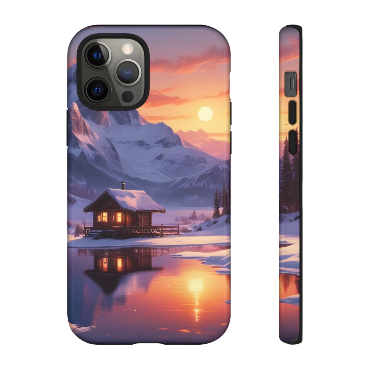 Carcasa para teléfono con diseño de cabaña en la montaña nevada, fundas resistentes para amantes de la naturaleza, cubierta de teléfono con paisaje pintoresco, regalo para excursionistas, accesorio para aventuras al aire libre.