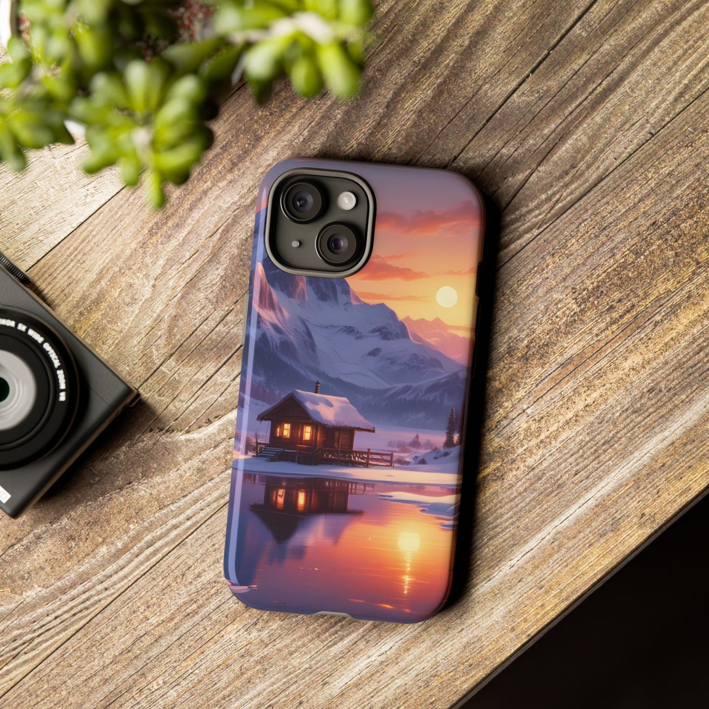 Carcasa para teléfono con diseño de cabaña en la montaña nevada, fundas resistentes para amantes de la naturaleza, cubierta de teléfono con paisaje pintoresco, regalo para excursionistas, accesorio para aventuras al aire libre.
