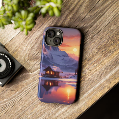 Snowy Mountain Cabin Phone Case, Tough Cases for Nature Lovers, Scenic Phone Cover, Gift for Hikers, Outdoor Adventure Accessory