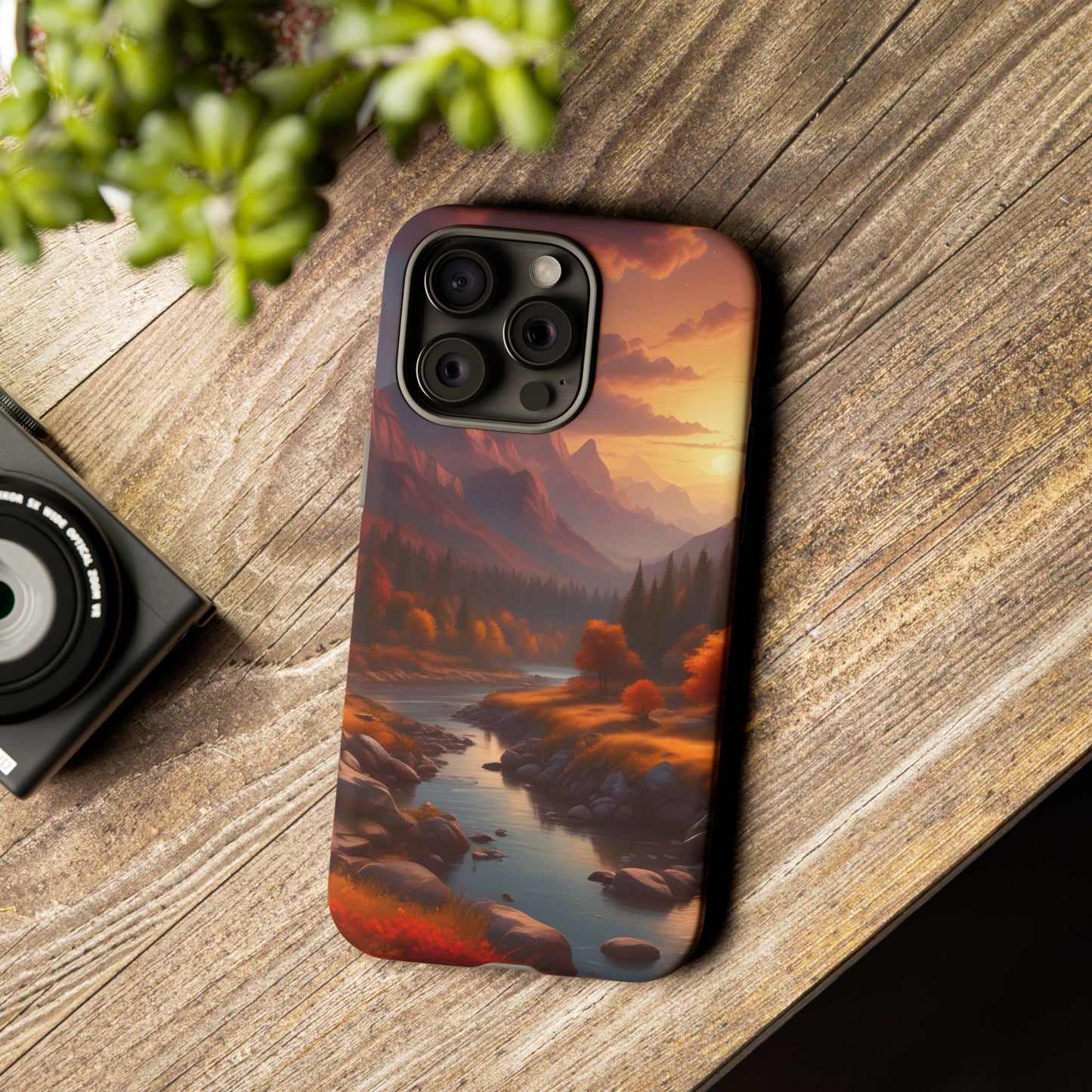Carcasa para teléfono con diseño de atardecer otoñal en la montaña, regalo para amantes de la naturaleza, funda resistente para teléfono, accesorio para aventuras al aire libre, funda con arte paisajístico.
