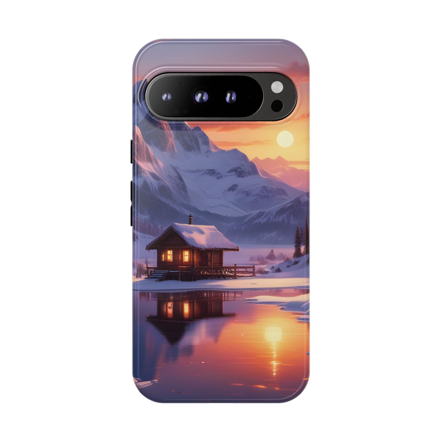 Carcasa para teléfono con diseño de cabaña en la montaña nevada, fundas resistentes para amantes de la naturaleza, cubierta de teléfono con paisaje pintoresco, regalo para excursionistas, accesorio para aventuras al aire libre.