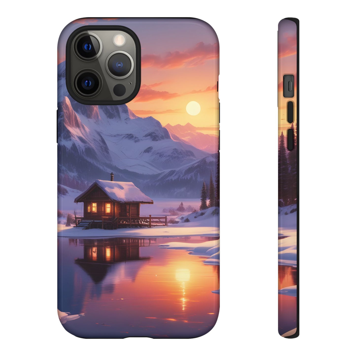Carcasa para teléfono con diseño de cabaña en la montaña nevada, fundas resistentes para amantes de la naturaleza, cubierta de teléfono con paisaje pintoresco, regalo para excursionistas, accesorio para aventuras al aire libre.