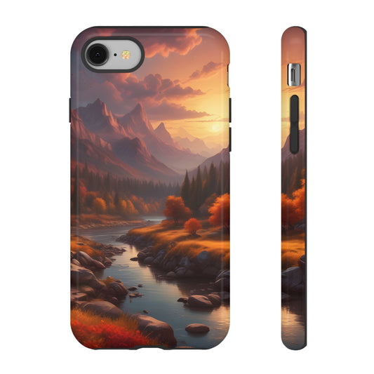 Carcasa para teléfono con diseño de atardecer otoñal en la montaña, regalo para amantes de la naturaleza, funda resistente para teléfono, accesorio para aventuras al aire libre, funda con arte paisajístico.