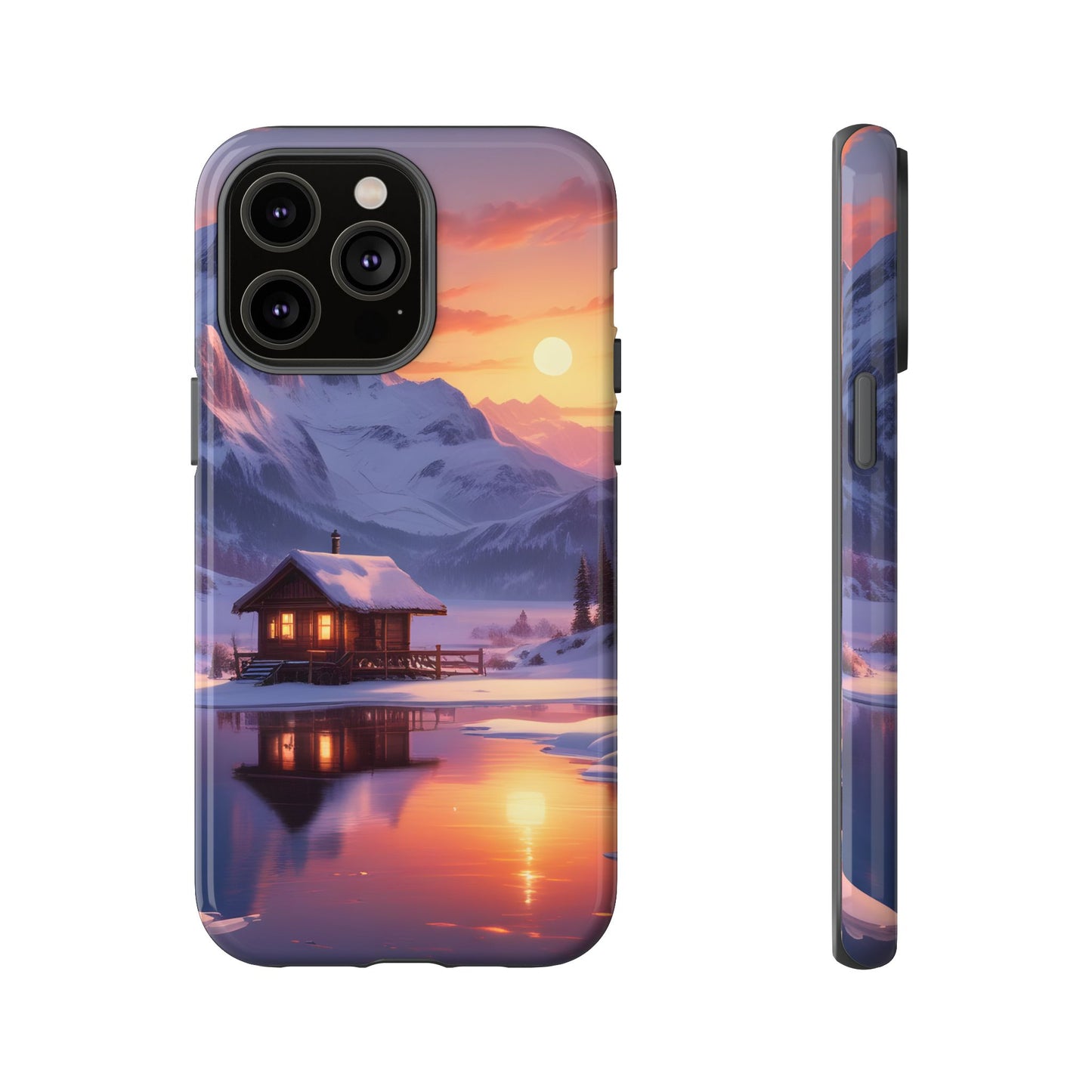 Carcasa para teléfono con diseño de cabaña en la montaña nevada, fundas resistentes para amantes de la naturaleza, cubierta de teléfono con paisaje pintoresco, regalo para excursionistas, accesorio para aventuras al aire libre.