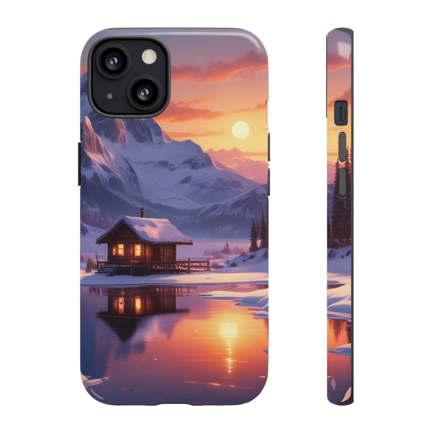Carcasa para teléfono con diseño de cabaña en la montaña nevada, fundas resistentes para amantes de la naturaleza, cubierta de teléfono con paisaje pintoresco, regalo para excursionistas, accesorio para aventuras al aire libre.