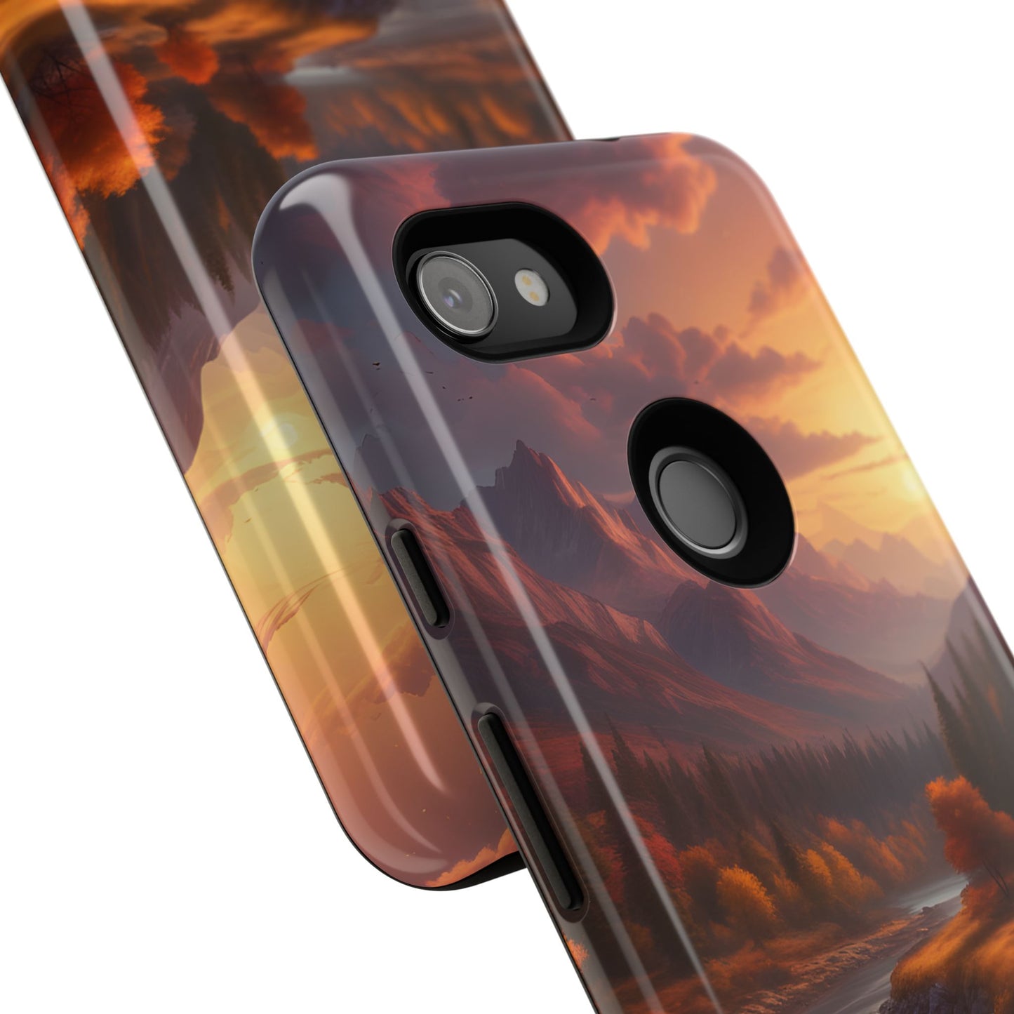 Carcasa para teléfono con diseño de atardecer otoñal en la montaña, regalo para amantes de la naturaleza, funda resistente para teléfono, accesorio para aventuras al aire libre, funda con arte paisajístico.